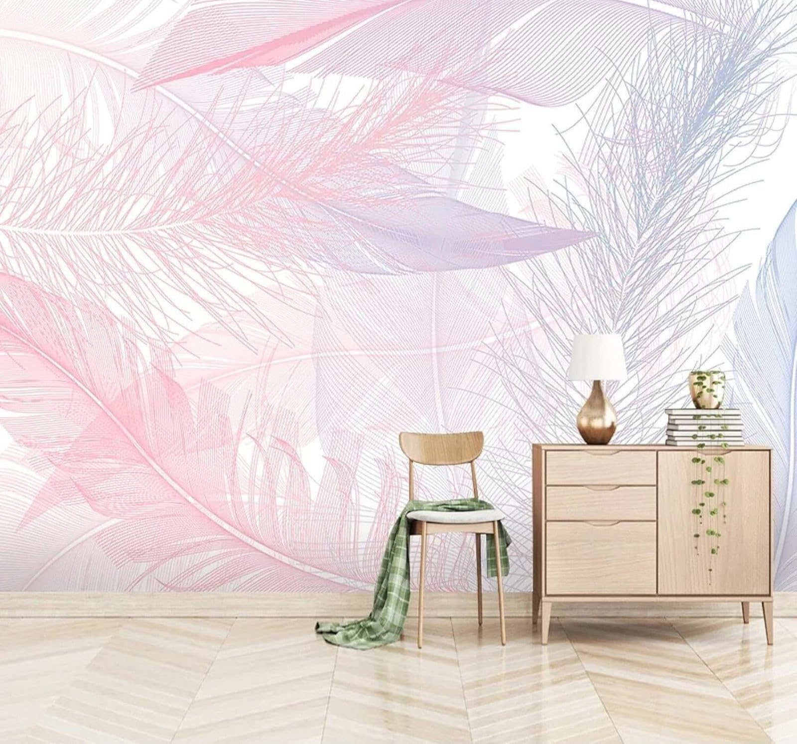 XLMING Creative Beautiful Romantic Pink Feathers 3D Wallpaper Silky Texture Home Study Office Grey Dining Room Sofa Bedroom Living Room TV Backdrop-300cm×210cm