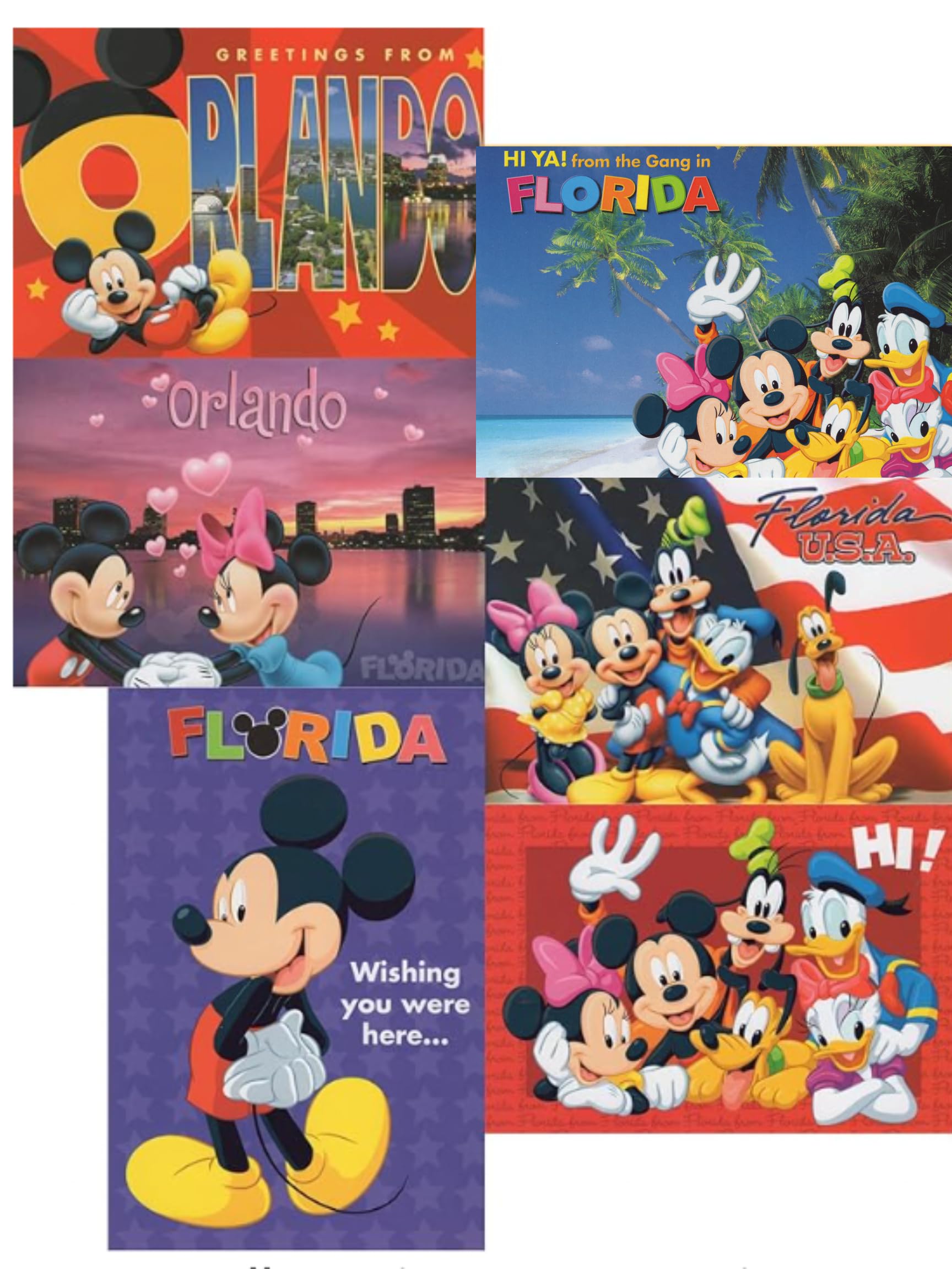 Lunch Money Pack of 6 Orlando, Florida Mickey Mouse and Friends Postcards Postcard Featuring Mickey, Minnie Mouse, Goofy, Donald Duck, Pluto, and