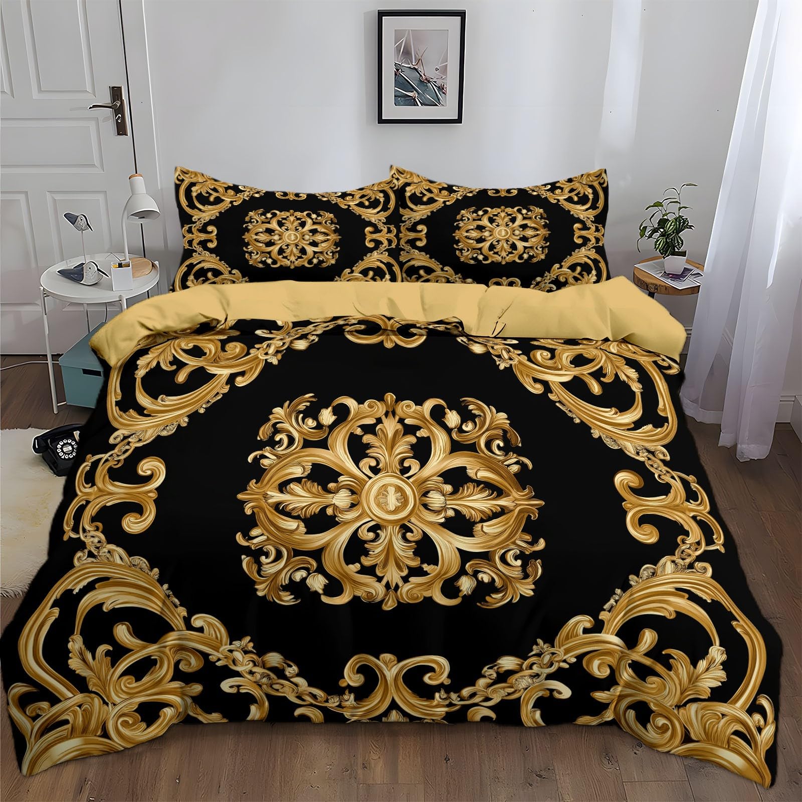 Zestaw poszewek na kołdrę 220 x 240 cm, barokowy kwiatowy wzór w paski rokoko, komplet pościeli dla 2 osób z 2 poszewkami na poduszki 65 x 65 cm, 100% mikrofibra, zamek błyskawiczny, jasne złoto