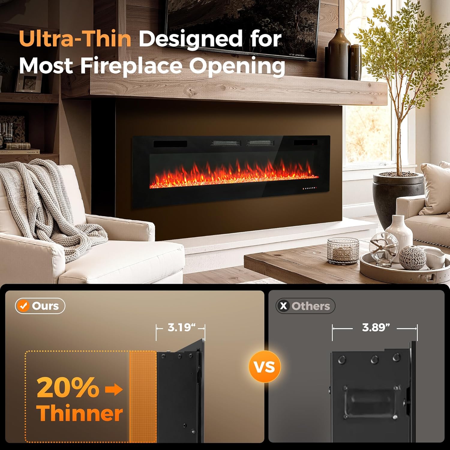 GREEN PARTY 72" Electric Fireplace Recessed/Wall Mounted Ultrathin 3.2" Fireplace Heater, Low Noise Linear Fireplace with Remote Control/Touch Screen, 8hrs Timer, Adjustable Flame & Bed Colors & Speed