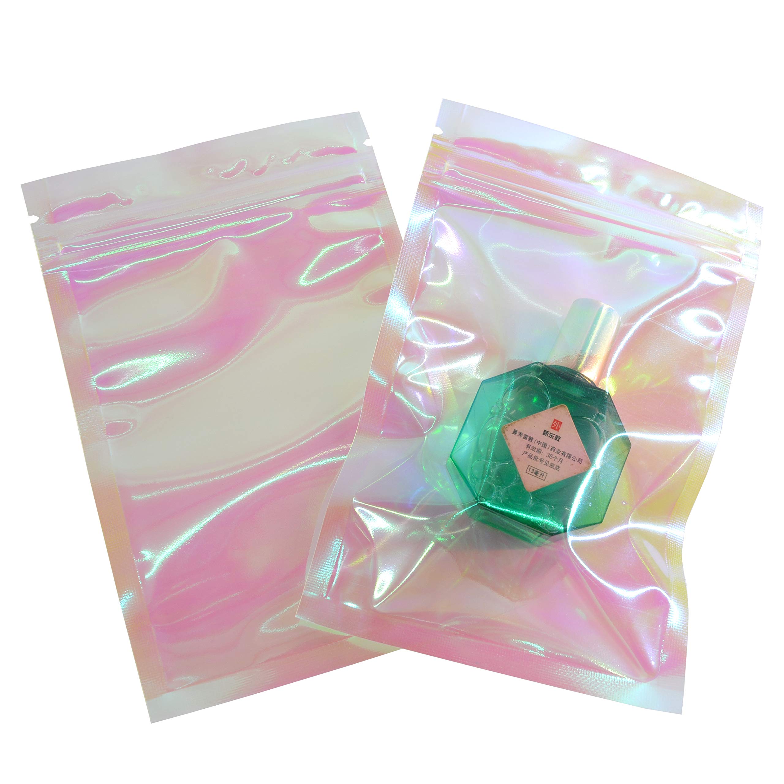100 Pack Holographic Iridescent Zipper Bags - Glossy Foil With Clear Window, Resealable