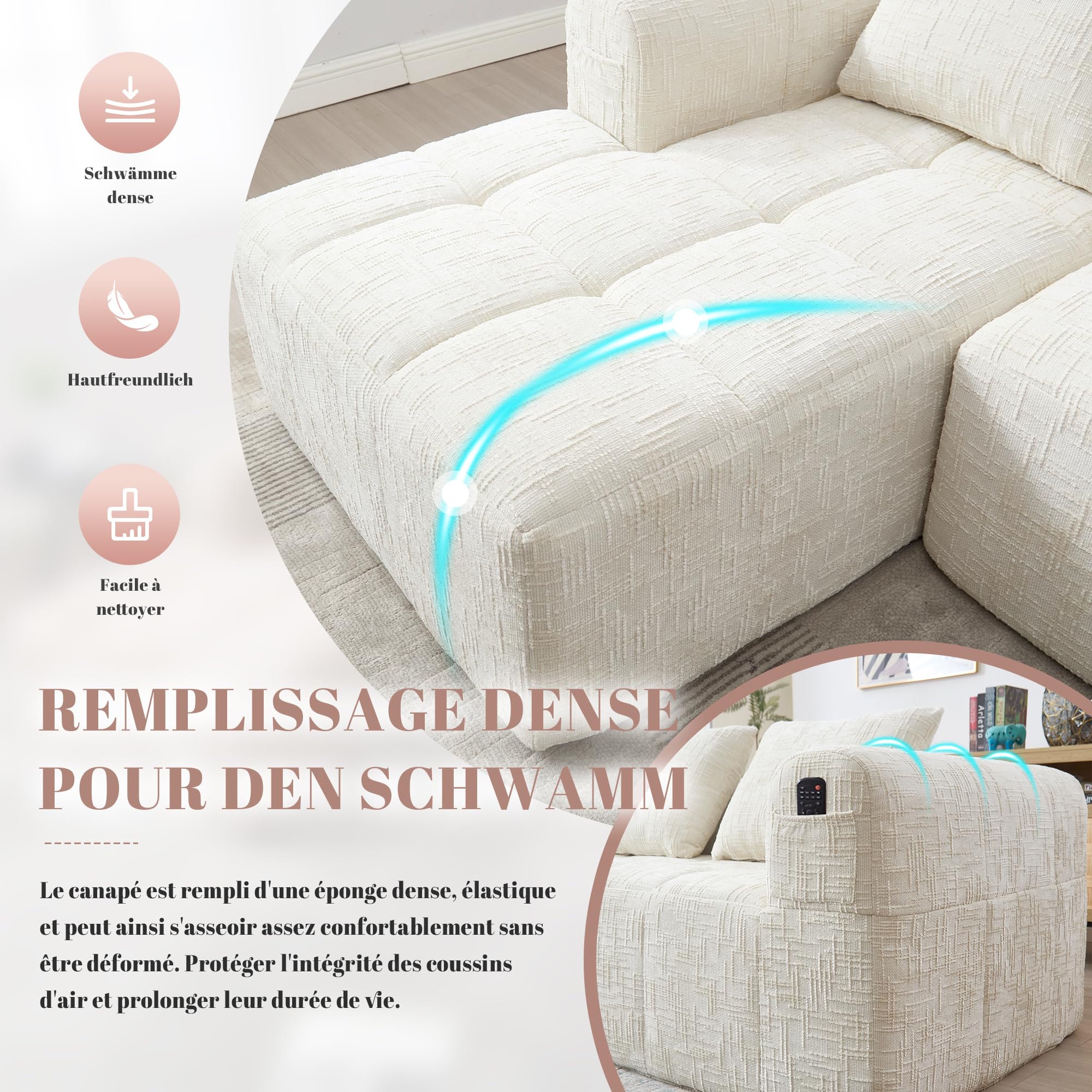 Divano angolare estensibile da 250 cm, divano letto angolare modulare a forma di L, divano compresso, divano a 3 posti con cuscini, tasca laterale, divano a 2 posti + angolo, Beige