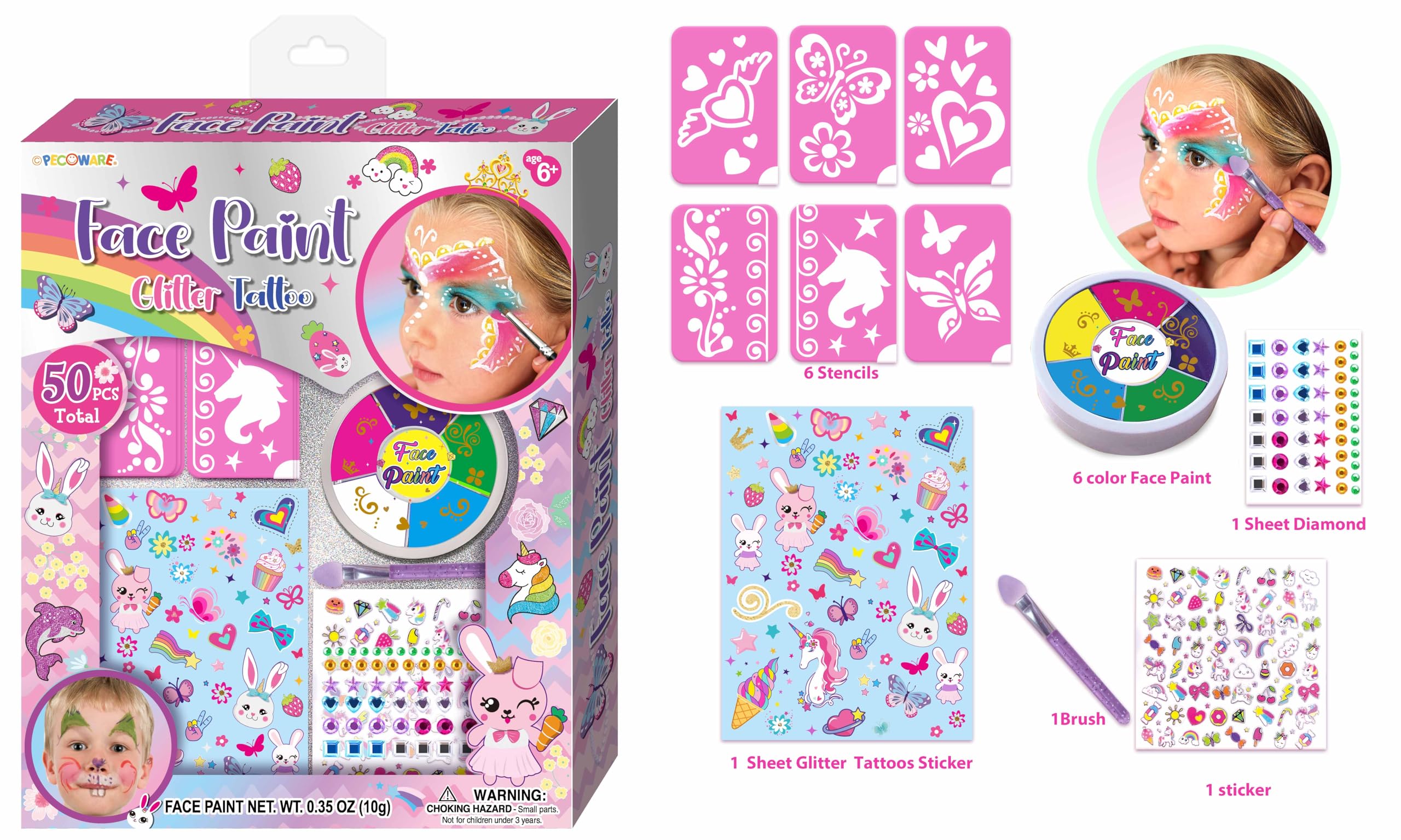 PecowareFace Paint Glitter Tatoo, Multicolour