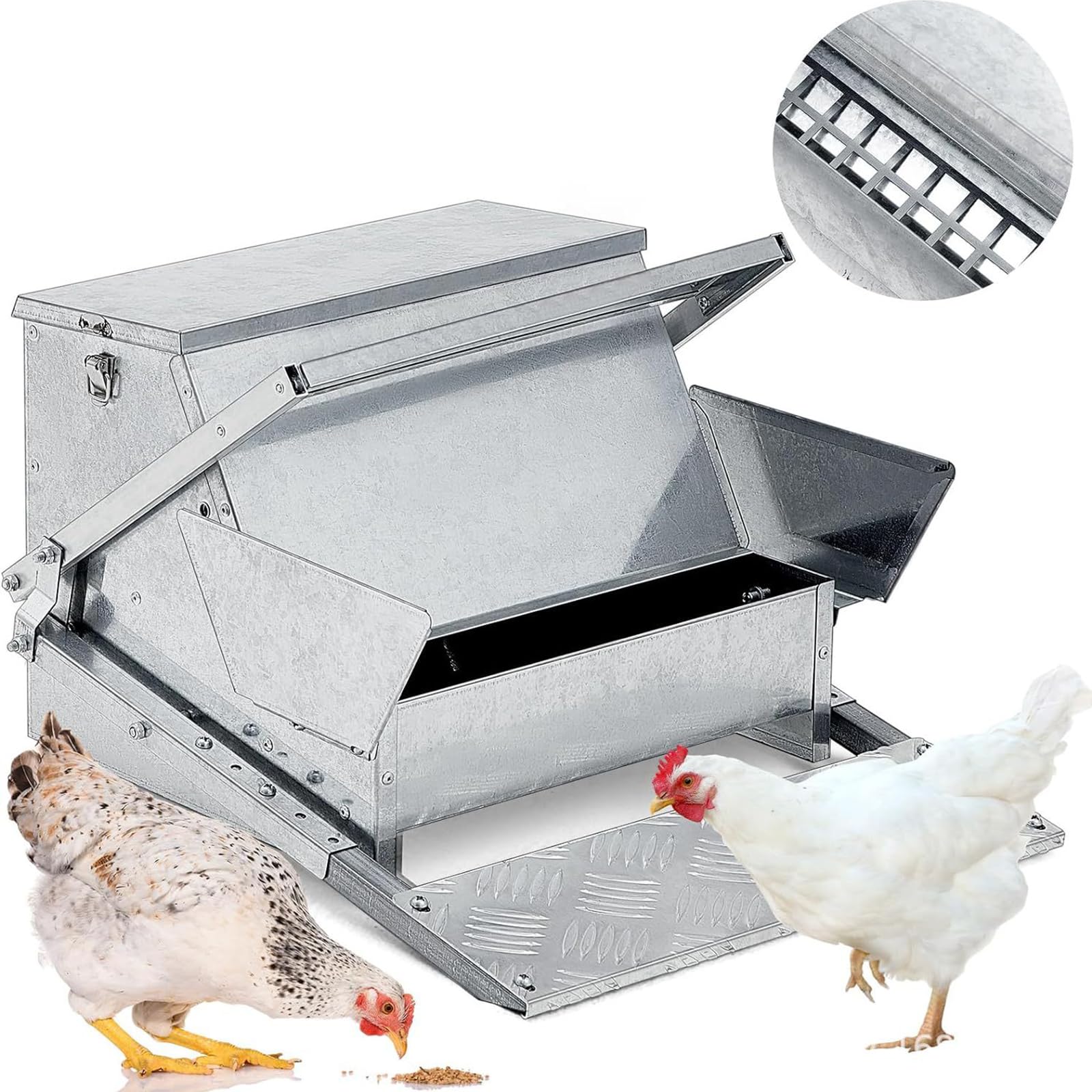 Mangiatoia automatica per polli, 11,3 kg, auto-apribile, nutre 6-12 uccelli fino a 7 giorni, design a pedale antiscivolo, ideale per polli e pollame da cortile