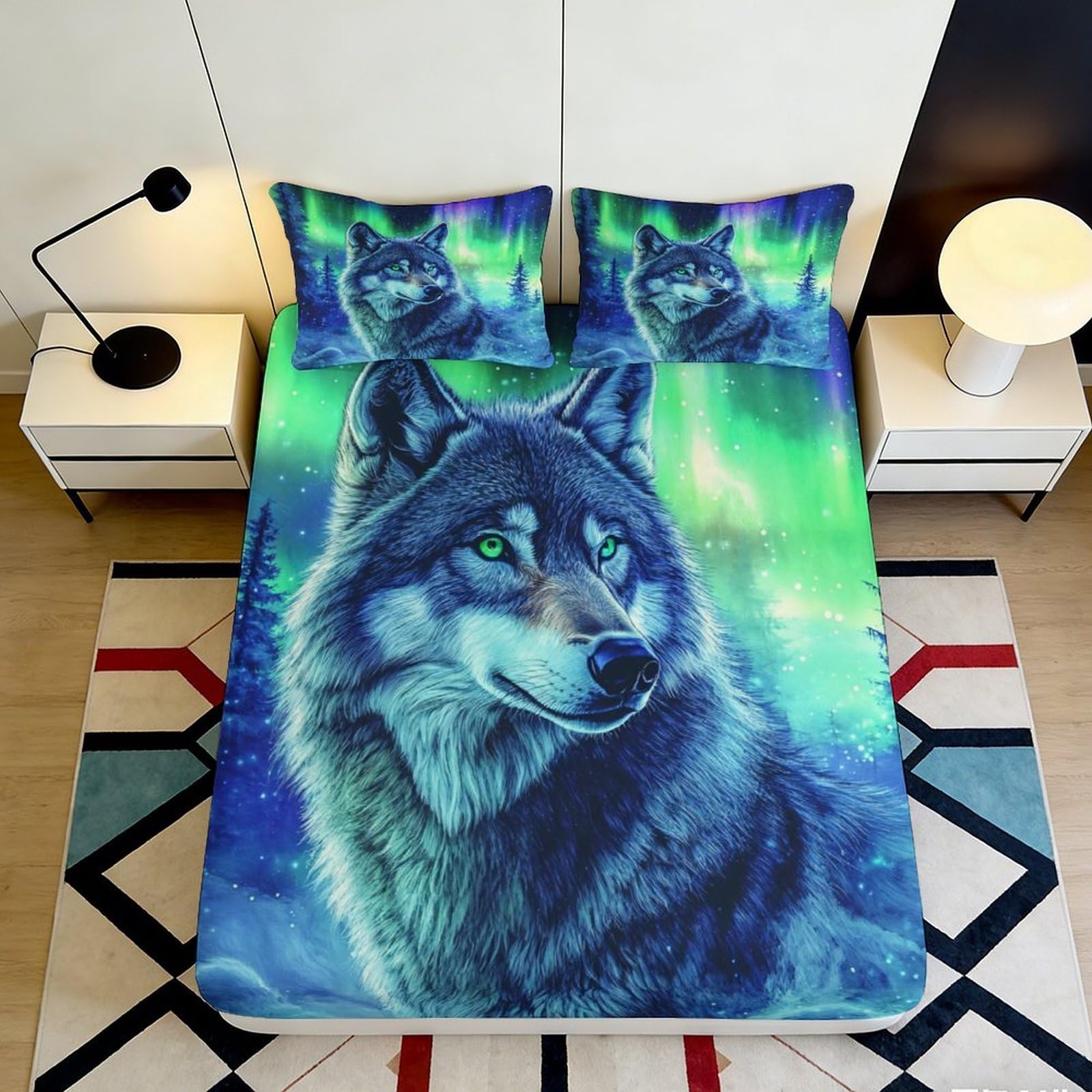 3D Printed Northern Lights Wolf Fitted Sheet Microfiber Soft Breathable Aurora Borealis Bed Cover for Bedroom Dormitory Guest Room Mattress Protection Decor 120x200x25cm