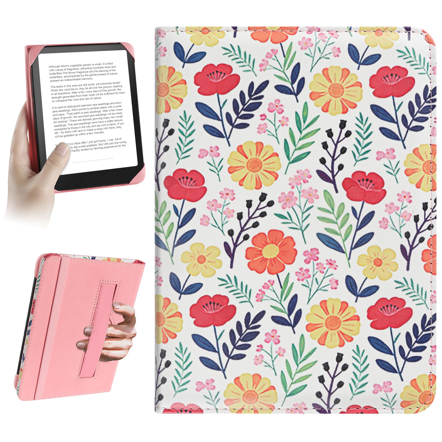 HoYiXi Universal Case for 6.8 Inch 7 Inch Kindle eReaders Compatible with Paperwhite/Kobo/BOOX T68/iReader Ocean,6.8-7" eReaders Protective Case Cover Elastic Rope,Flowers 2