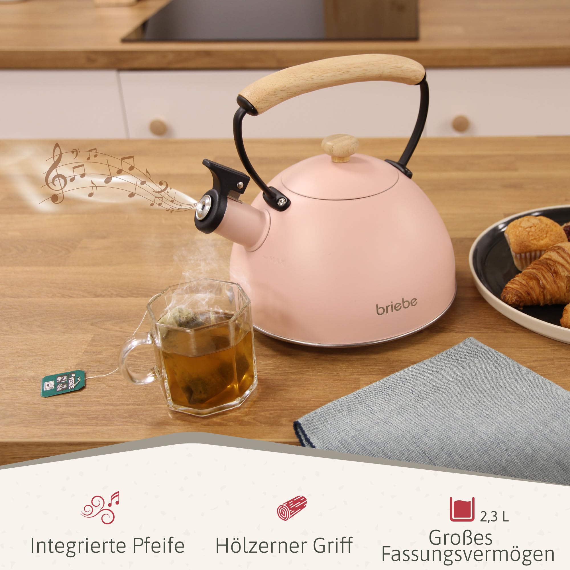 briebe Retro Wasserkessel Induktion 2,3L, Flötenkessel, Edelstahl Teekessel Vintage Design, Alle Herdarten, GlasKeramikherd, Gas, Elektroherd, Holzgriff Cool-Touch, für Tee Kaffee, Tea pot, Rosa