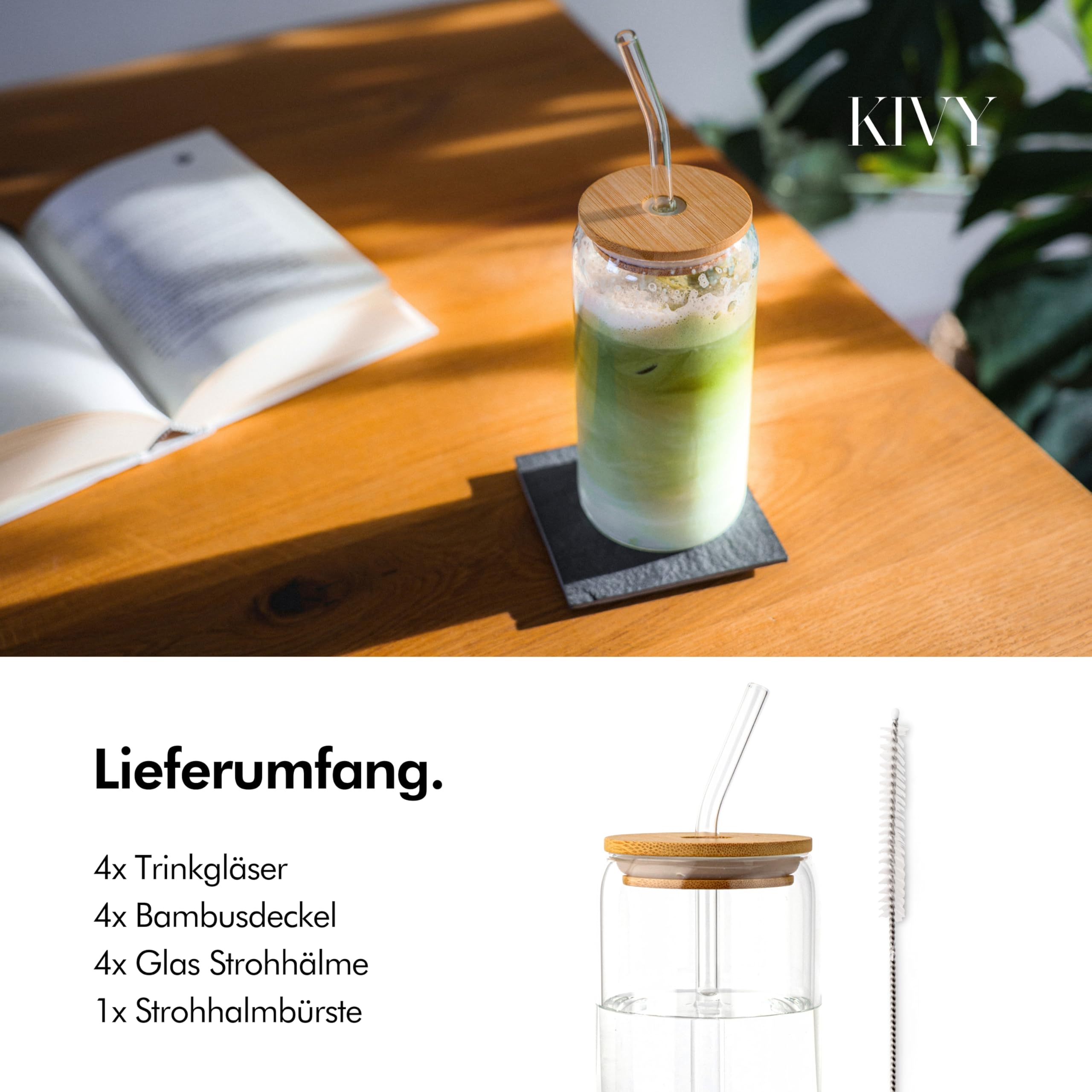 KIVY Szklanki do napojów z pokrywką i słomką [4 x 450 ml] – wysokie szklanki do kawy, wody i matchy