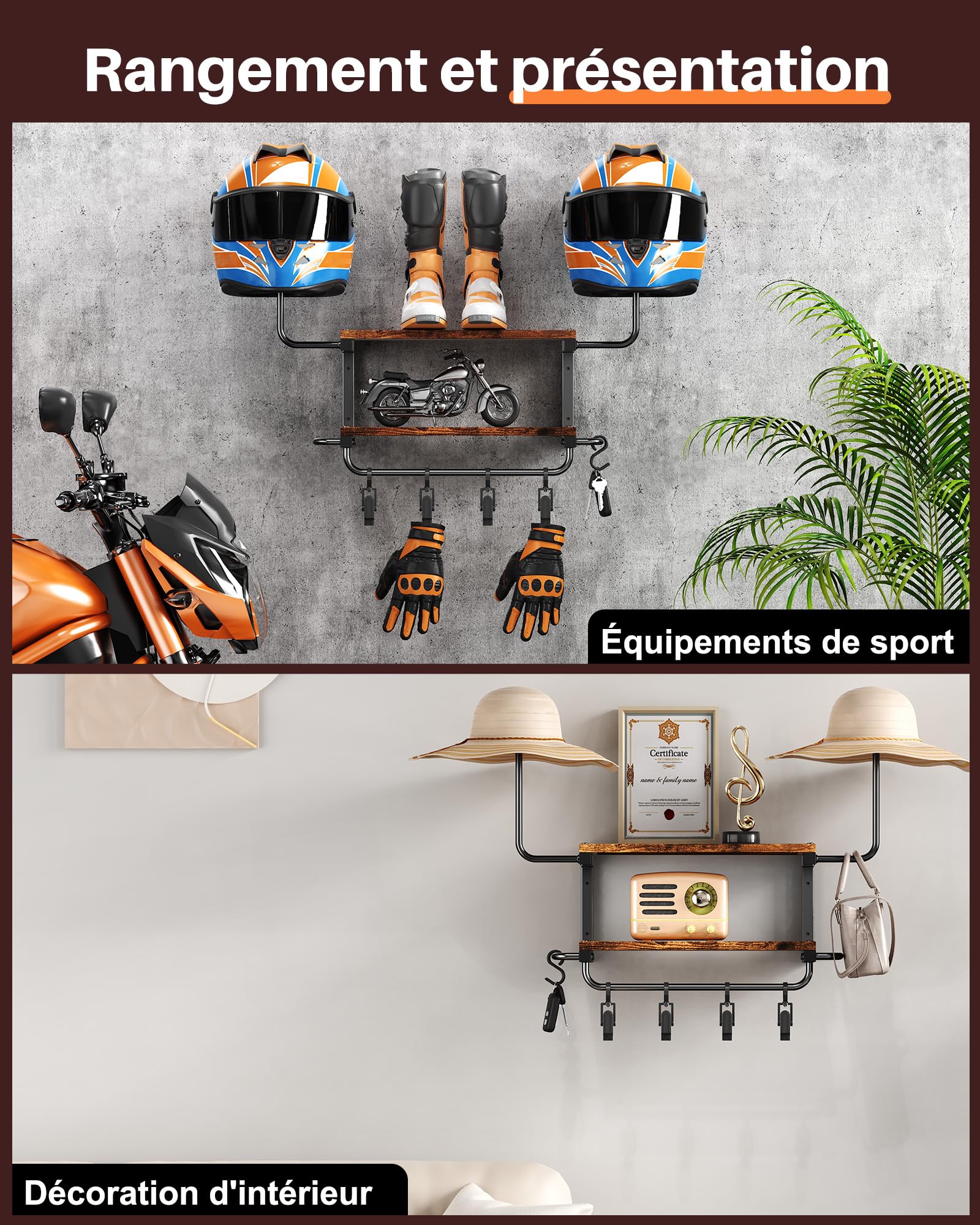 Support Casque Moto pour Accrocher Casquettes et Vestes, Marron
