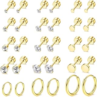 15 Pairs Gold Flat Back Stud Earrings 20G Surgical Steel Cartilage Earrings Small Screw Back Stud Earring Sets For Women Men CZ Ball Flatback Earrings Tiny Cartilage Hoop Earrings For Multiple Piercings