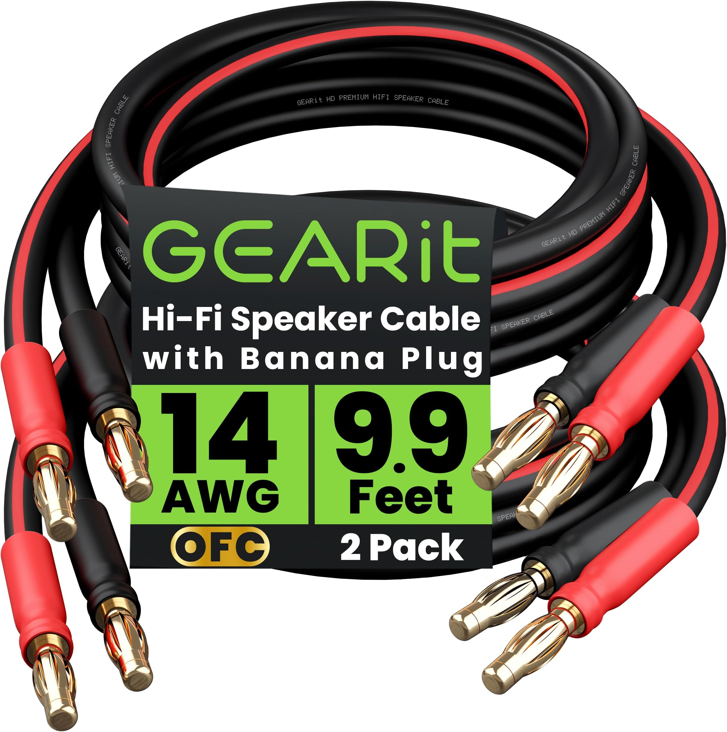 GearIT 14 AWG Speaker Cable with Banana Plug (2 Pack, 9.9ft - 3m) for 14GA Banana Wire, Bi-Wire, Bi-Amp, HiFi Surround Sound - Black, 10 Feet