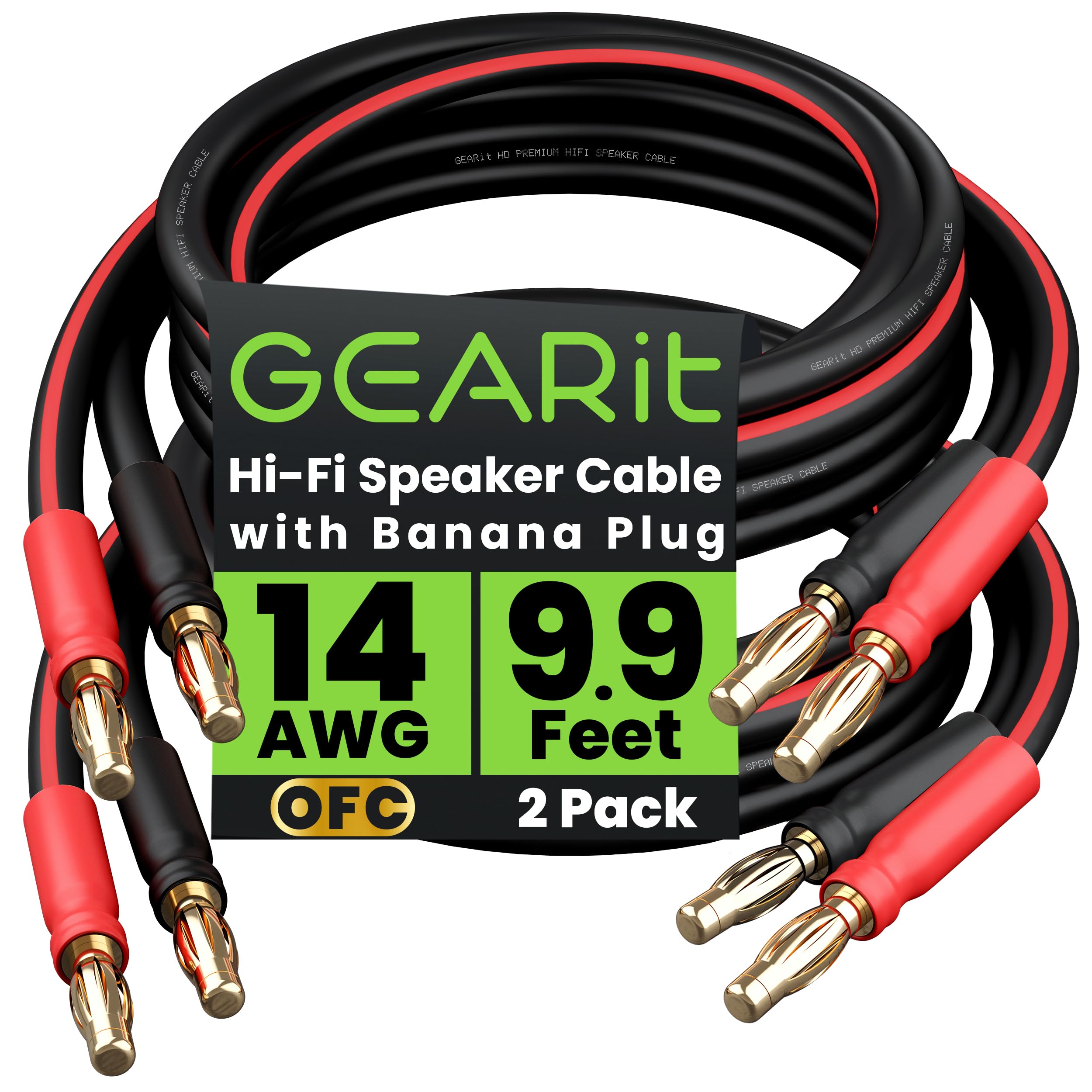 GearIT 14 AWG Speaker Cable With Banana Plugs (2 Pack, 9.9 Feet - 3 Meter) for Bi-Wire Bi-Amp HiFi Surround Sound - 99.9% OFC Copper, Gold Plated Tips - Black, 10 Ft