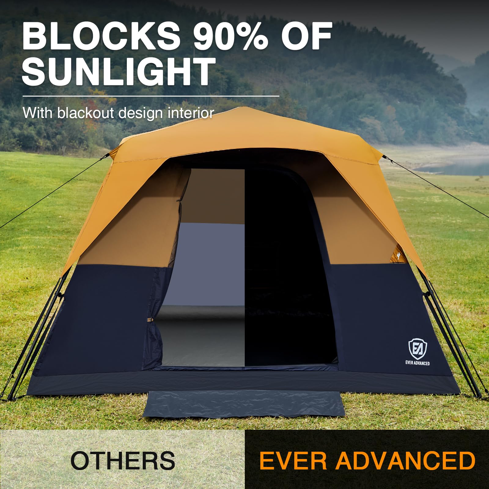 EVER ADVANCED 6 Person Camping Tent, Blackout Design Tent for Camping Instant Cabin Tents for Family with Rainfly, 60s Easy Setup, Water-Resistant