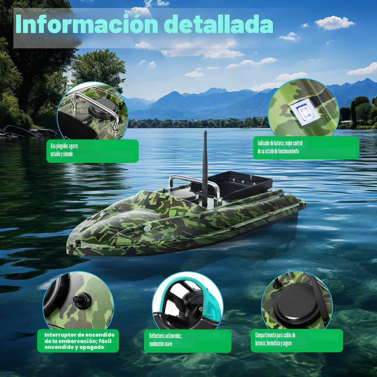 Barco teledirigido para cebos de pesca y carpa de cebo inalámbrico pesca barco de morce 500 m doble motor crucero automático doble motor, gran capacidad 1.5 KG, camuflaje