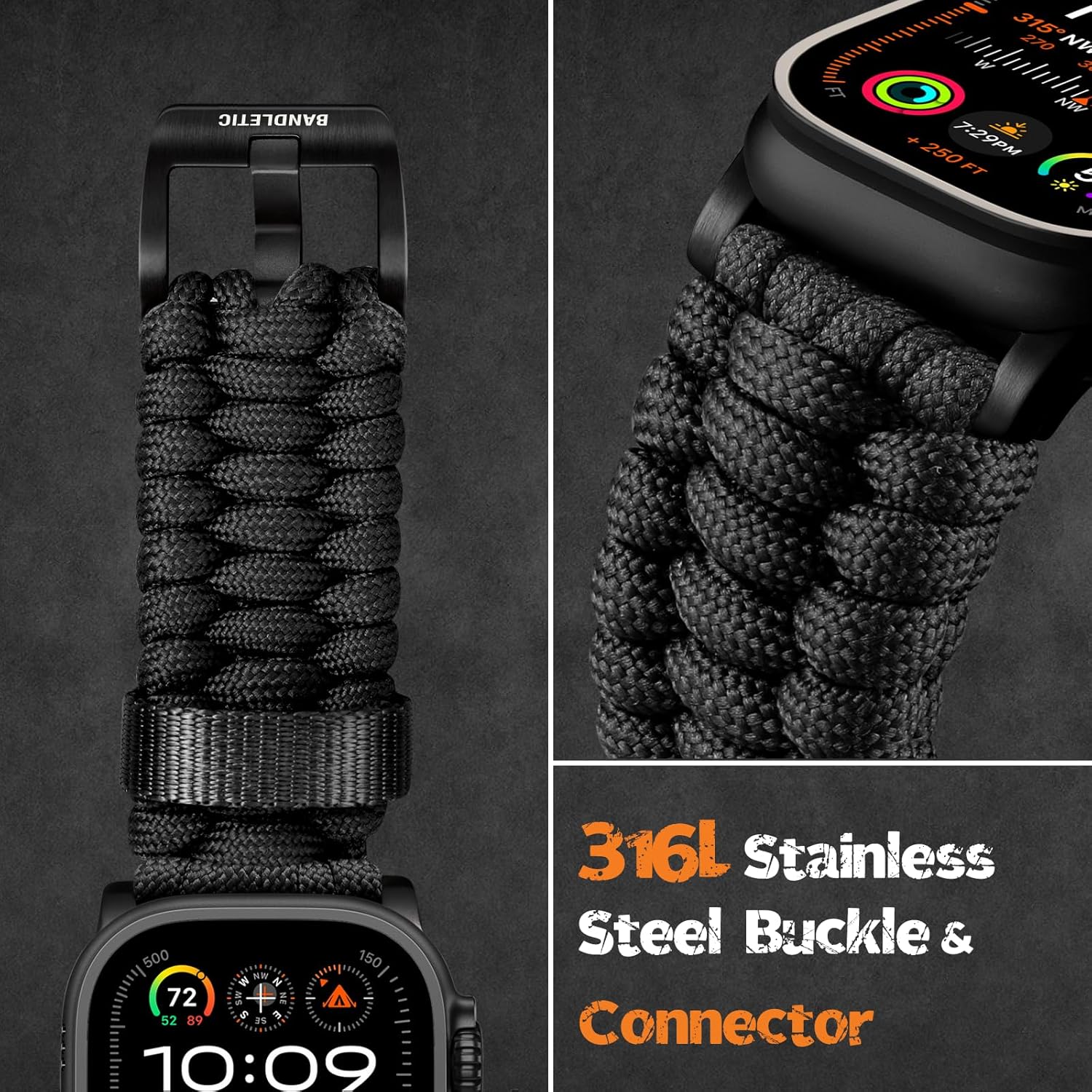 Bandletic Paracord Christmas Birthday Gifts Compatible with Apple Watch Bands for Men, Handmade Woven Military Survival Strap for iWatch 49mm(Ultra3/Ultra), 46mm(Series 11/10), 45mm(9/8/7), 44mm(SE3/6/5/4), 42mm(3/2/1) - Image 3