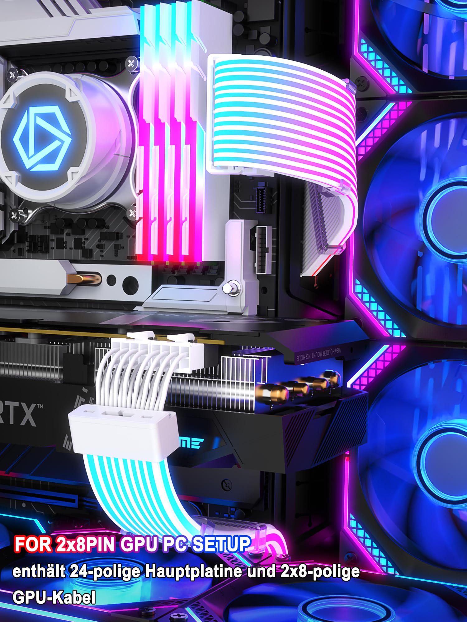 Sirlyr RGB PSU-Kabelverlängerung, ARGB PC-Netzteilkabel mit weichen LED-Streifen und PVC-ummanteltem Verlängerungskabel, 16AWG 24 Pin ATX Dual 8 Pin PCIE Set | 16 AWG PVC-ummanteltes Kabel, 24-poliger ATX und Dual-8-poliger PCIe, integrierte ARGB-LED-Stre