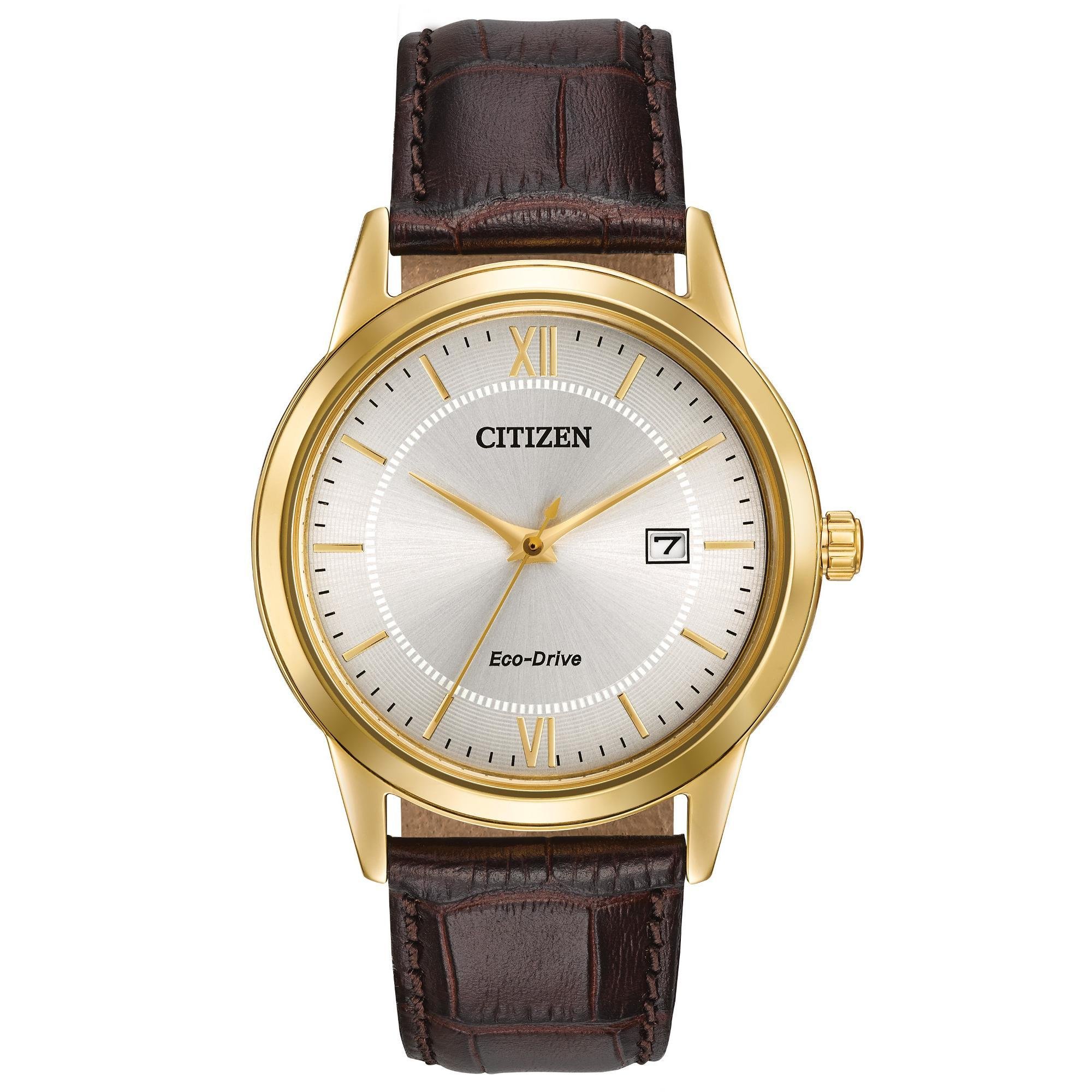 Men's Classic Eco-Drive Leather Strap Watch, 3-Hand Date