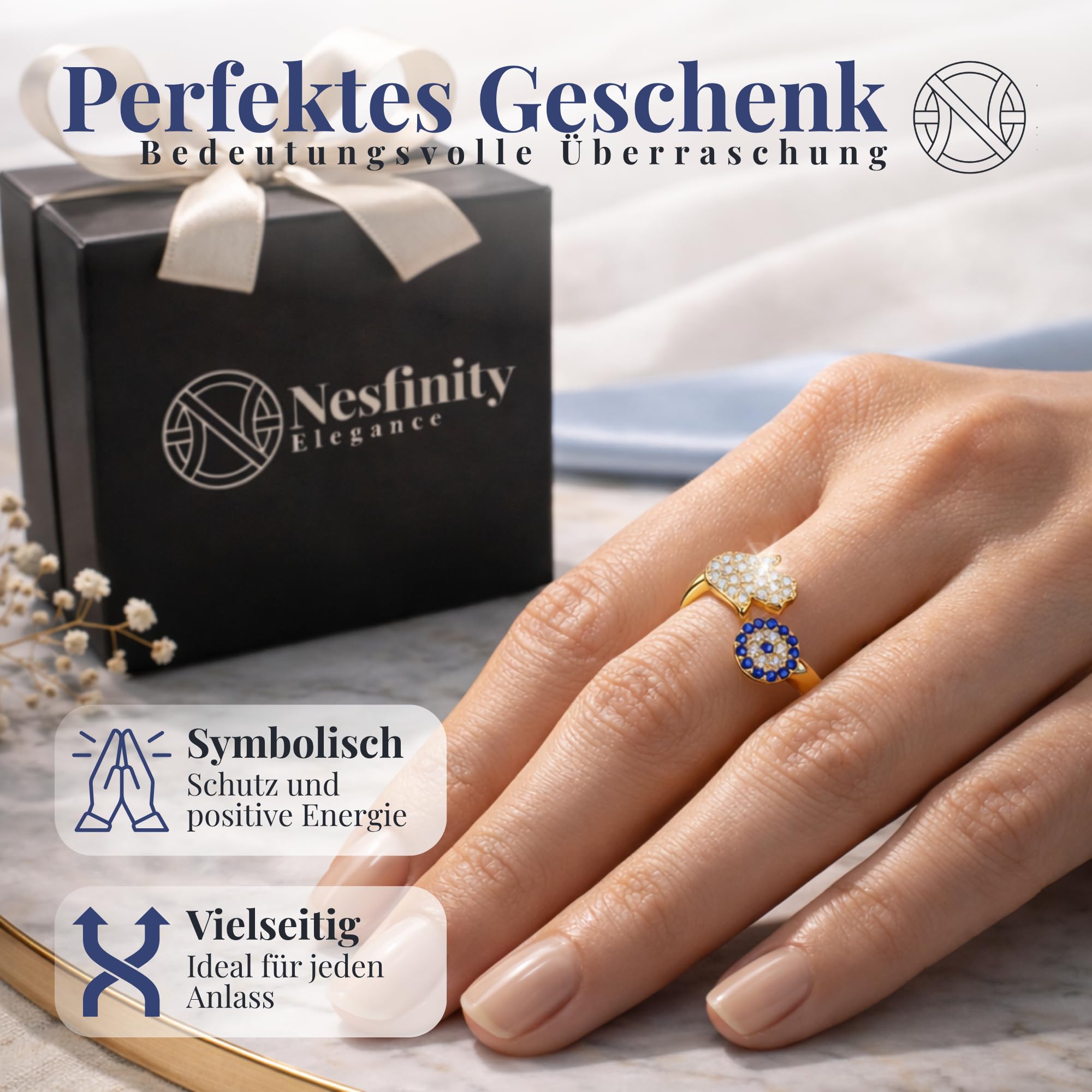 Nesfinity Nazar Boncuk Ring 925 Silber vergoldet | Verstellbarer Damenring | Fatima Hamsa & Evil Eye Talisman | Türkisches Auge Schmuck Geschenk | Goldring | Böser Blick | Goldkette | Silberhalskette