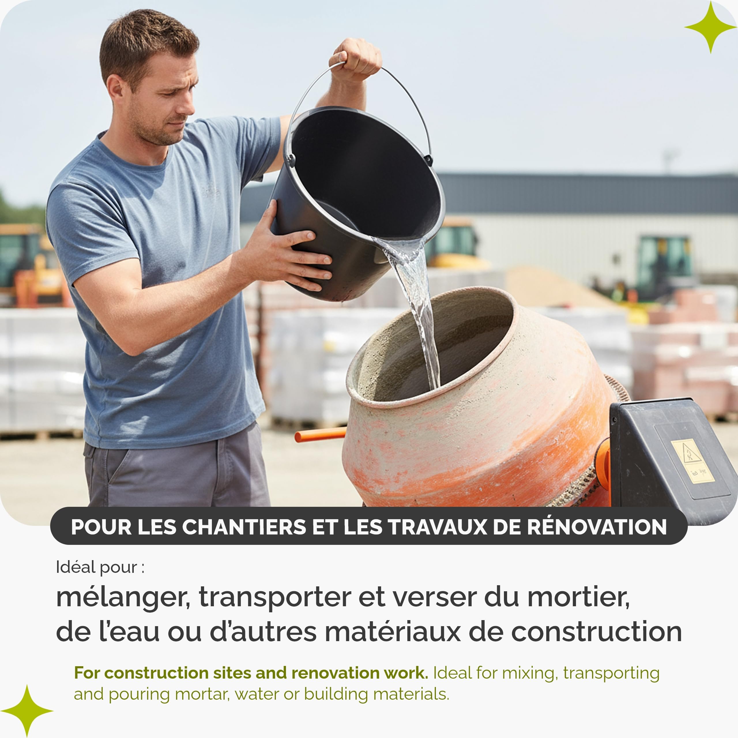 Garronda Seau verseur plastique recyclé Noir 15 L avec bec verseur Lot de 2 avec anse métallique rivetée, échelle graduée, bord renforcé, empilable, usage chantier jardin maison, seau GD-0168
