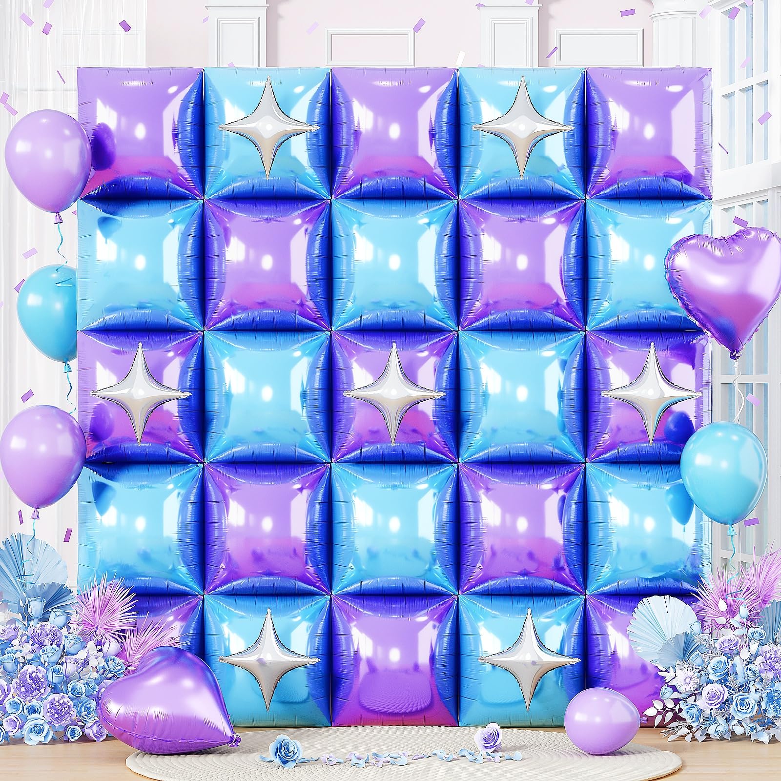32PCS Blue and Purple Square Foil Balloons Wall with Star Foil Balloon, Double Sided Frozen Snowflake Light Purple Blue Balloon Backdrop Tunnel Arch Kit for Winter Birthdays Under the Sea Theme Decor