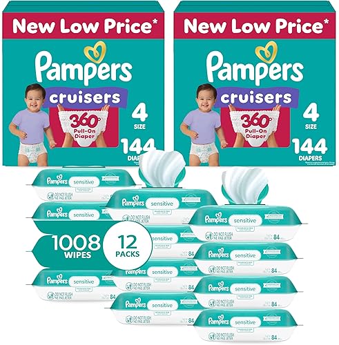 Pampers Pull On Cruisers - Pañales desechables para bebé de ajuste de 360, tamaño 4, suministro de 2 meses (2 x 144 unidades) con toallitas