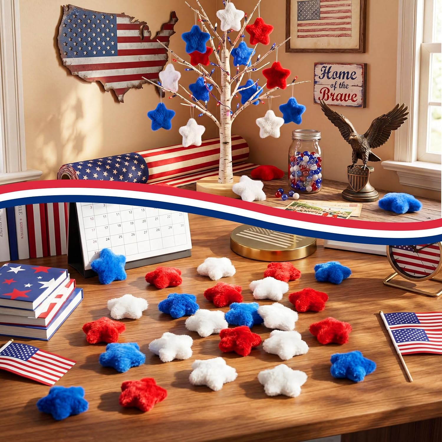 120 Pcs 4th of July Patriotic Plush Star Decorations Red White Blue Star Vase Filler for Independence Day, Memorial Day, Bowl Filler Tiered Tray Wreath Craft Table Scatter(1.77 Inches)