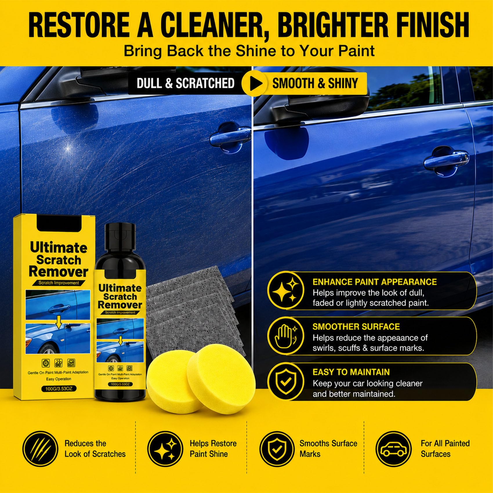 Car Cloth Scratch Remover Kit, Nano Cloth Car Scratch Remover with Paste and Sponge for Light Scratches, Scuffs and Swirl Marks (1pcs)