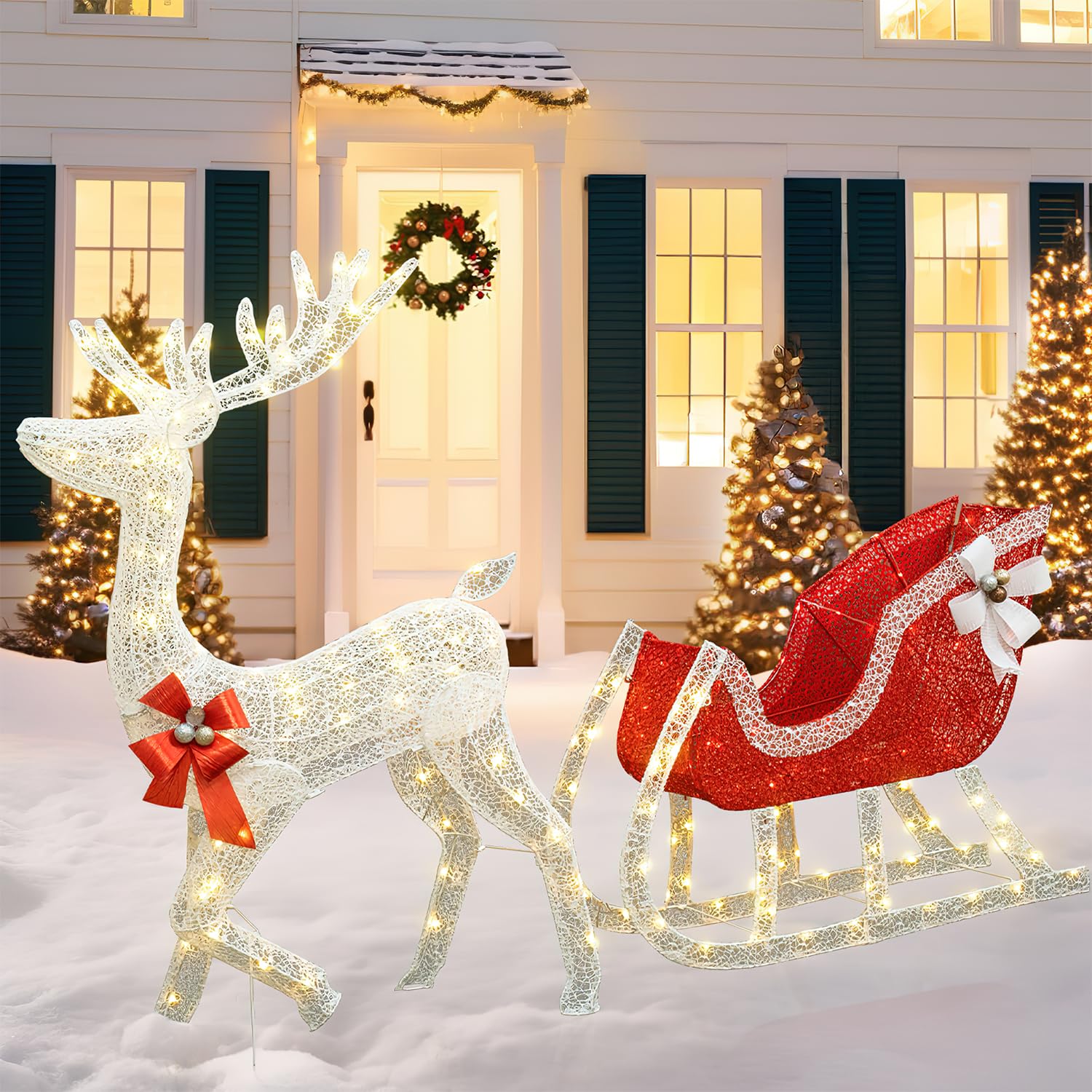 Snapklik.com : AWQM 4FT Christmas Decorations Reindeer And Sleigh Set