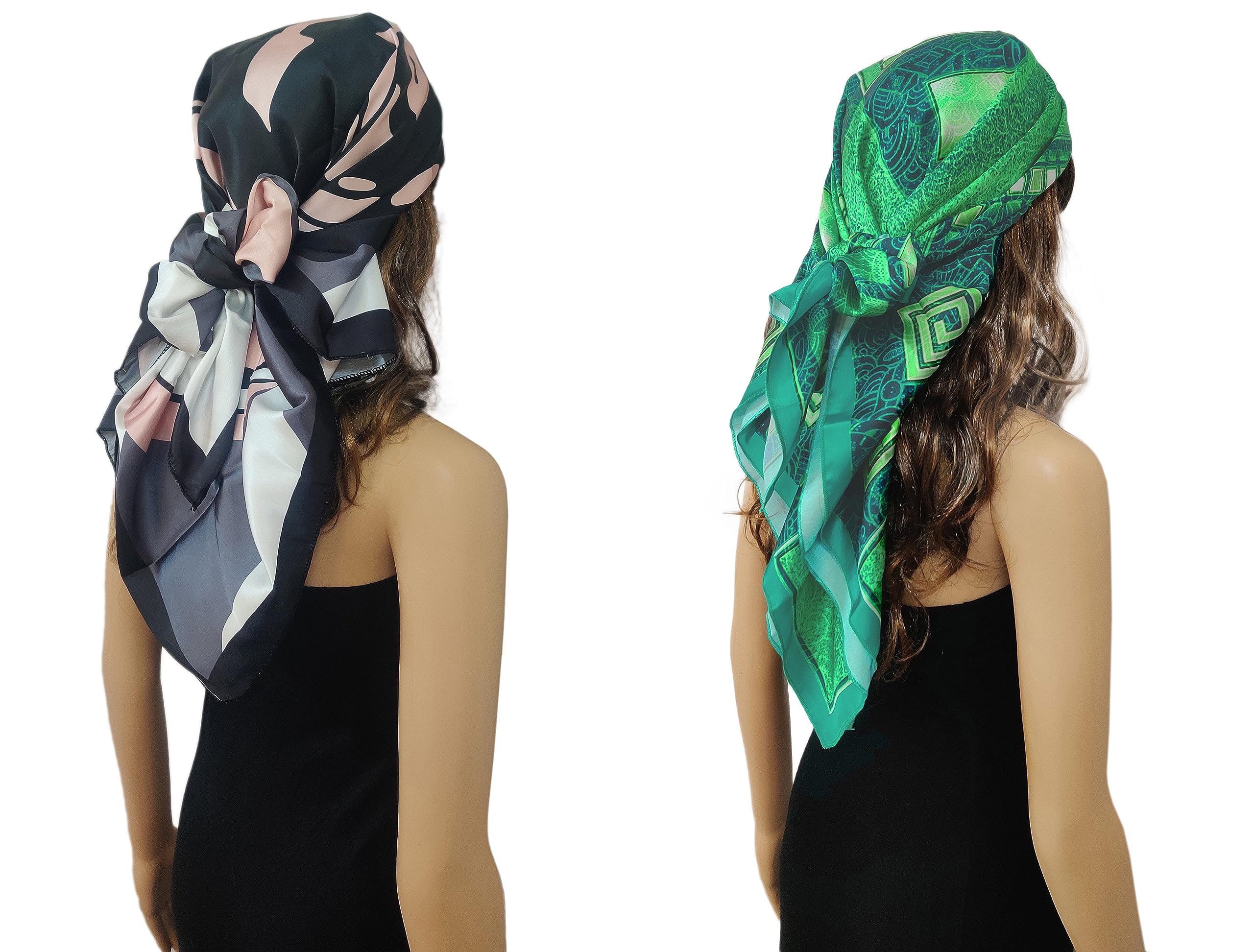 ONE ECHELONSatin Silk Scarf for Women Lightweight Fashion Scarves, Wrap in Print Floral Pattern, Pack of 2 (Green and Black Rose)