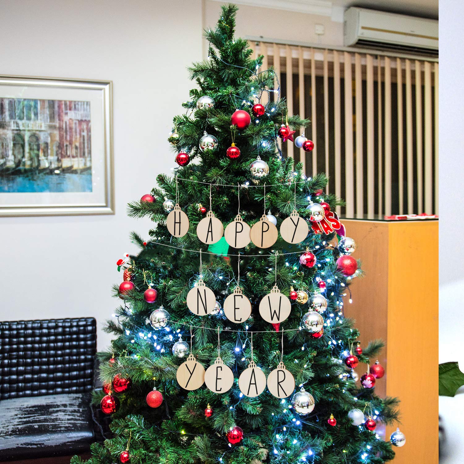SAVITA - Bola de Navidad de madera (60 unidades, discos de madera, redondos, bridas de madera, decoraciones navideñas para pintar, para bricolaje, artesanal, decoraciones para árboles de Navidad,