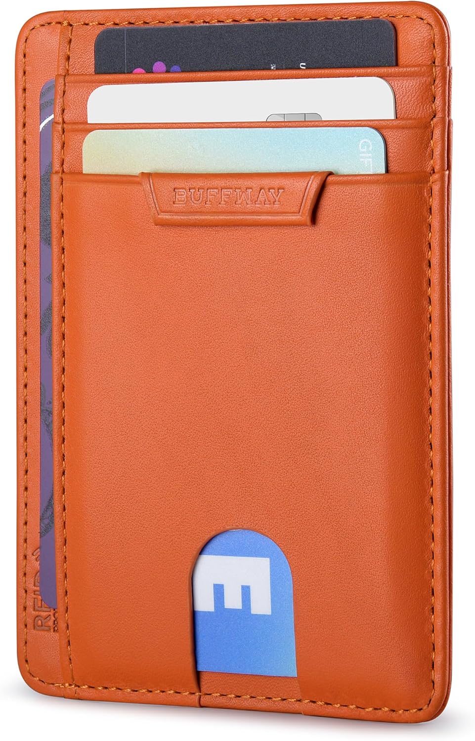 Buffway Slim Wallet for Men Women Minimalist Small Leather Front Pocket Wallets with RFID Blocking and Gifts Box - Bassa Orange