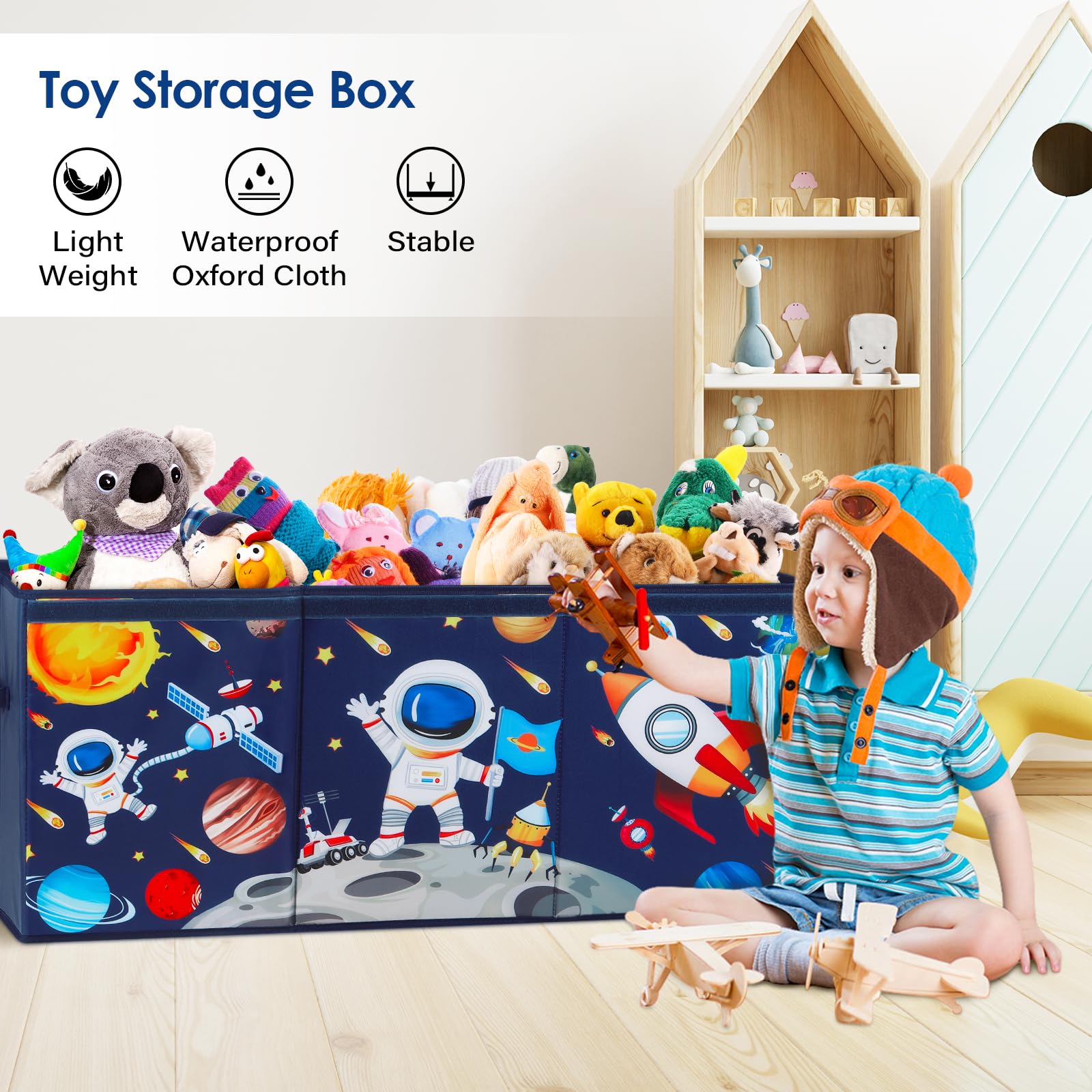 Scatola di Giocattoli Extra Large con Coperchio Ribalta per Bambini, Contenitore Porta Giochi Pieghevole Oxford, Baule Portagiochi Impermeabile Robusto per Ragazze Ragazzi, 96×32×40cm (Astronauta)