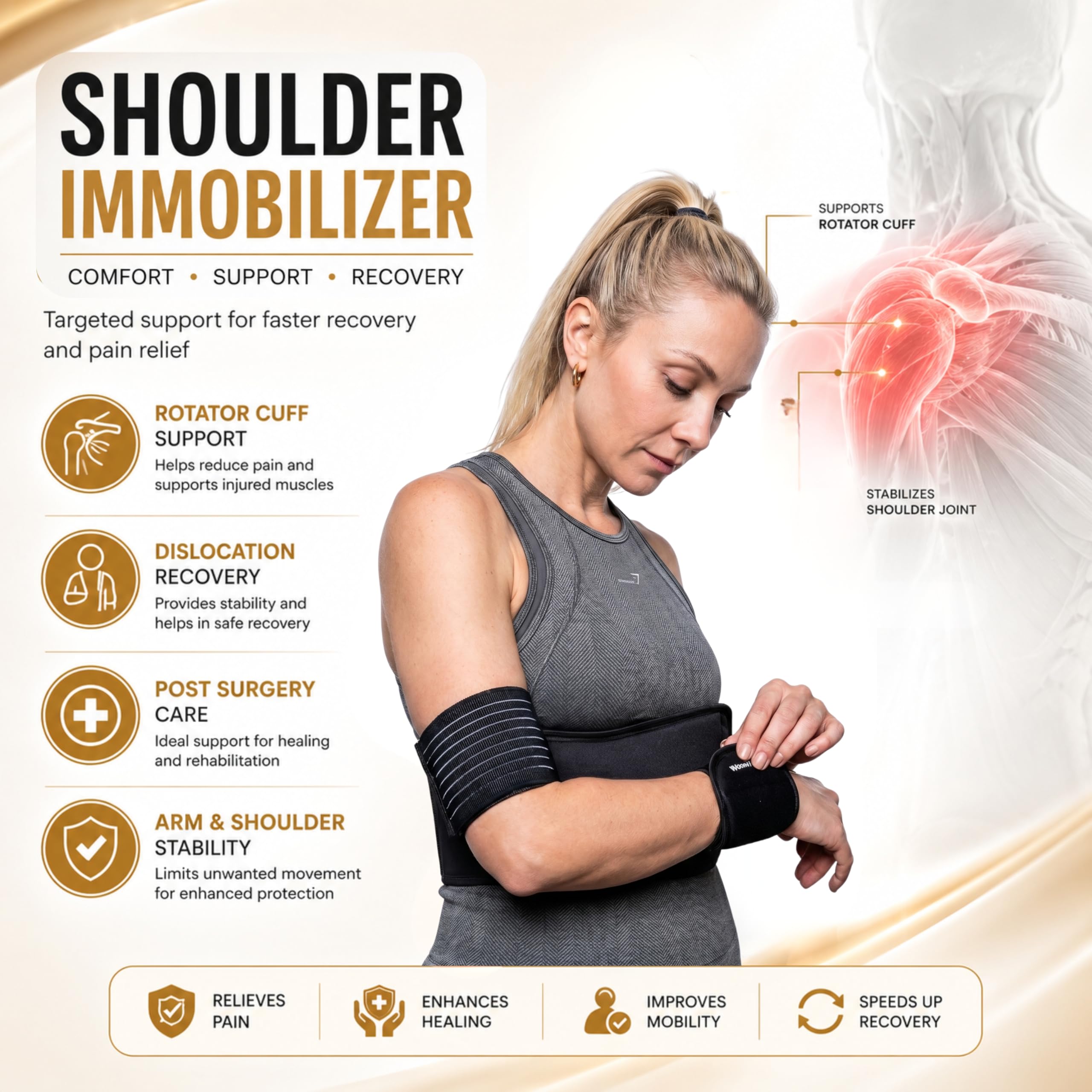 Wonder Care Immobilisateur d'épaule gauche droite Orthèse de bras Luxation osseuse Subluxation Support d'épaule Orthèse de compression Chirurgie de la coiffe des rotateurs Noir Taille 3
