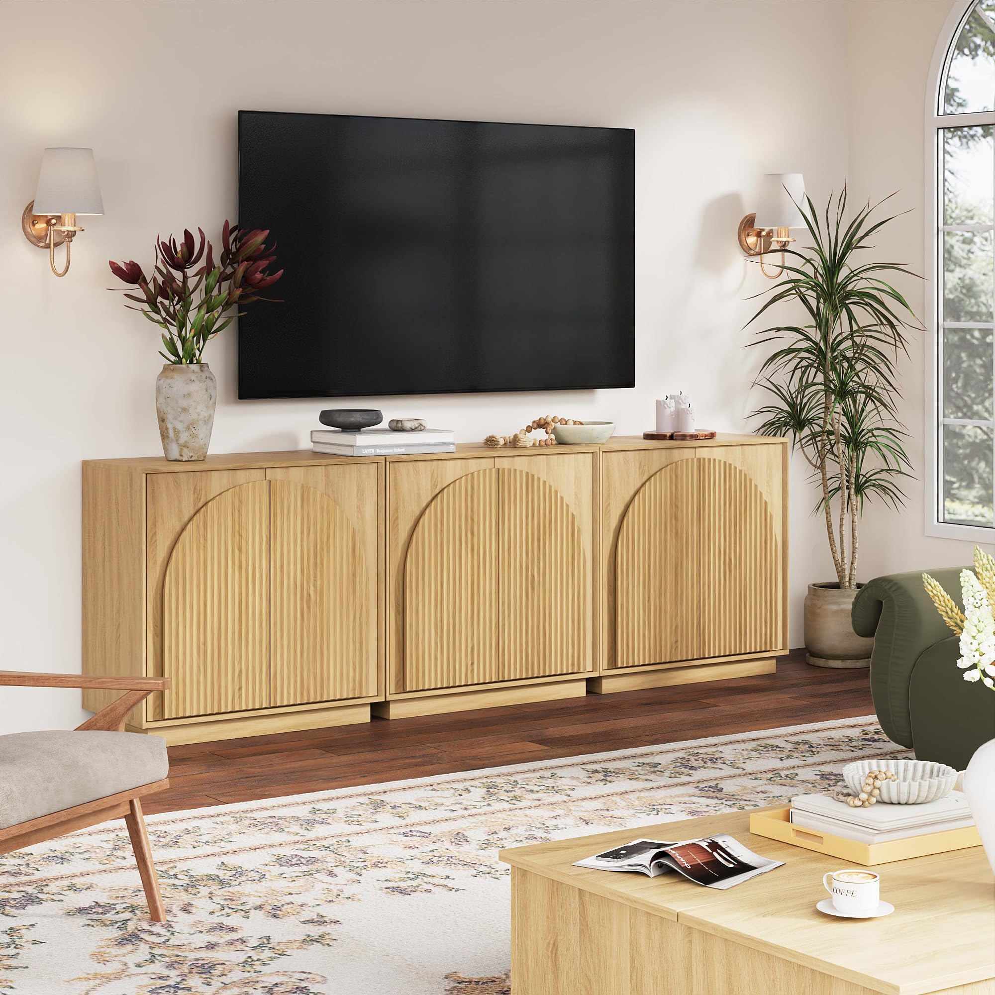 win2win Fluted Sideboard Buffet Cabinet with Storage, 31.5" Modern Boho Accent Cabinet with Double-Layered Arch Doors, Small Wood Console Credenza for Living Room, Dining Room, Entryway, Oak, 3PCS