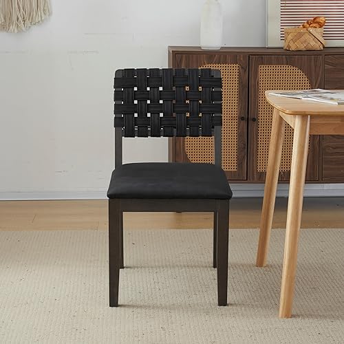 Miniatura 6 de VINGLI Juego de 2 sillas de comedor de madera tejida negra, sillas de escritorio modernas de mediados de siglo con remaches y clavijas para los