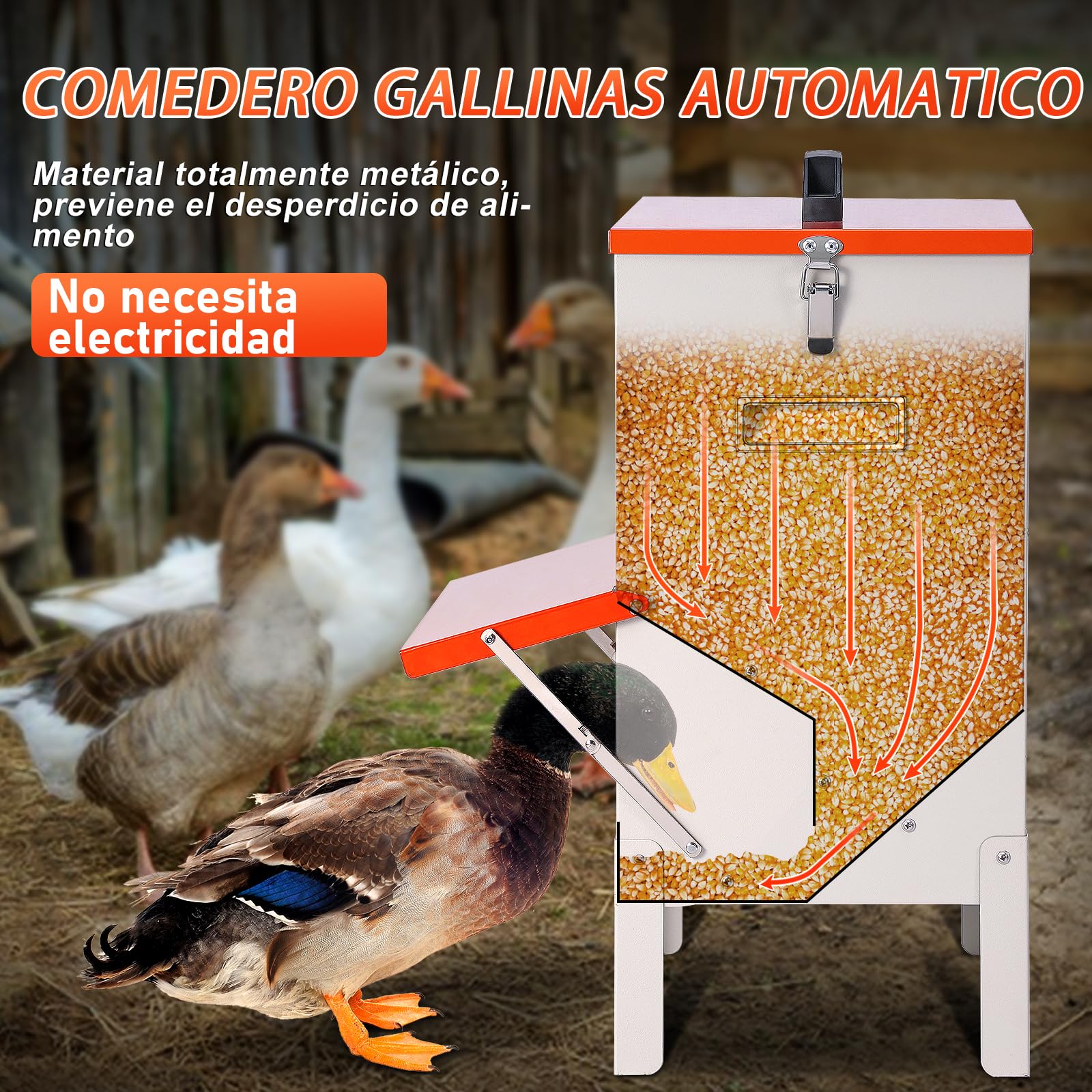 Comedero Automático para Gallinas con Patas Elevadas, Dispensador de Alimento Metálico de 15KG, para Instalación Colgante, Resistente y Duradero