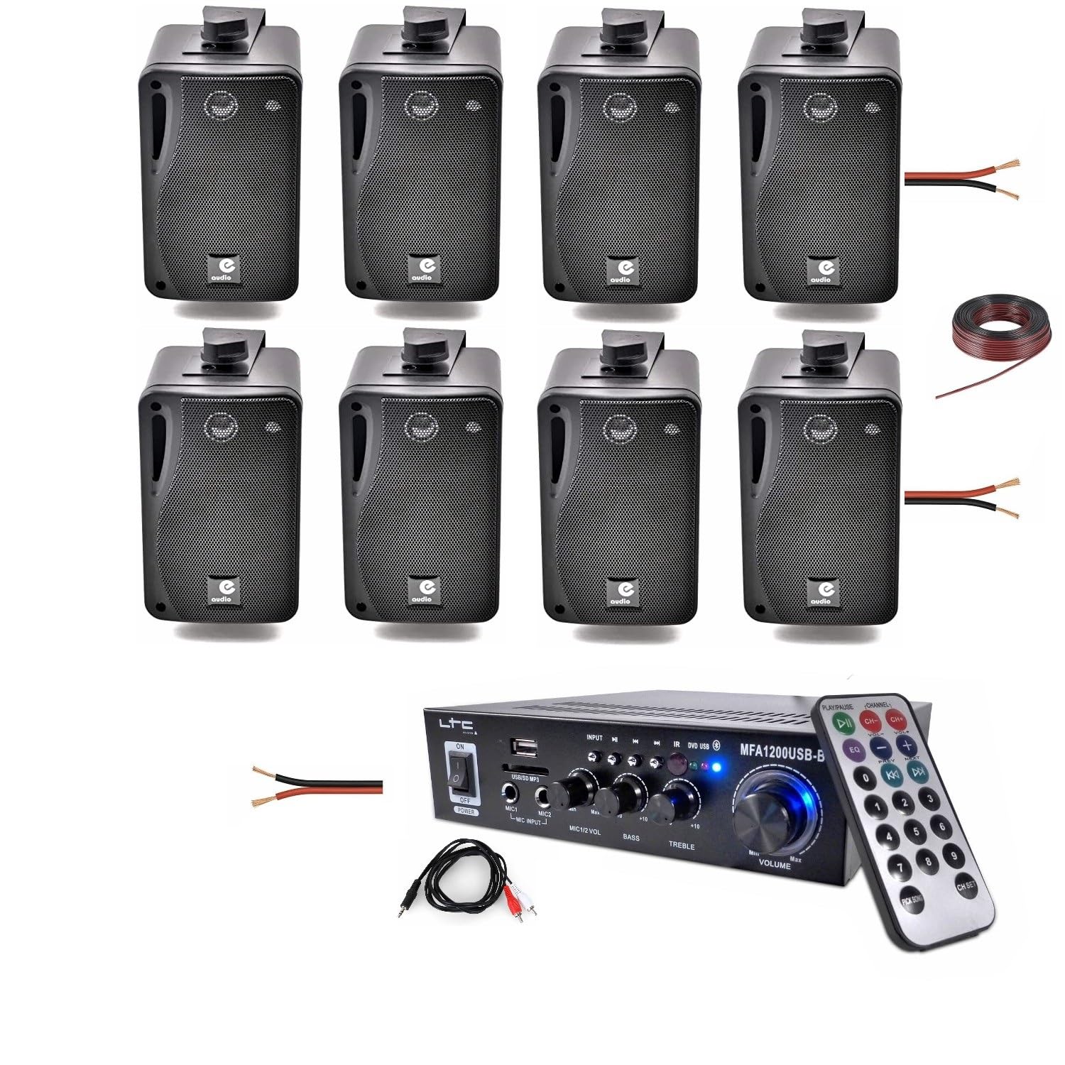 LTC - Pack HiFi Ampli Bluetooth Stéréo USB SD LTC MFA1200USB-BT-BL 2x50W - 8 Mini Enceintes B416B 80W - Magasin Commerce Restaurant