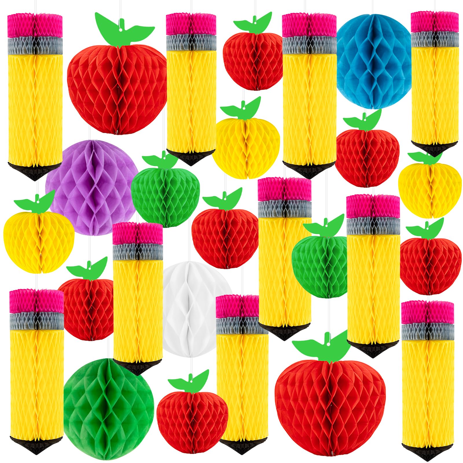 27Pcs Pencil Apple-Shaped Hanging Honeycomb Balls Welcome Back to School Classroom Decorations for Teacher Appreciation Week First Day of School Party