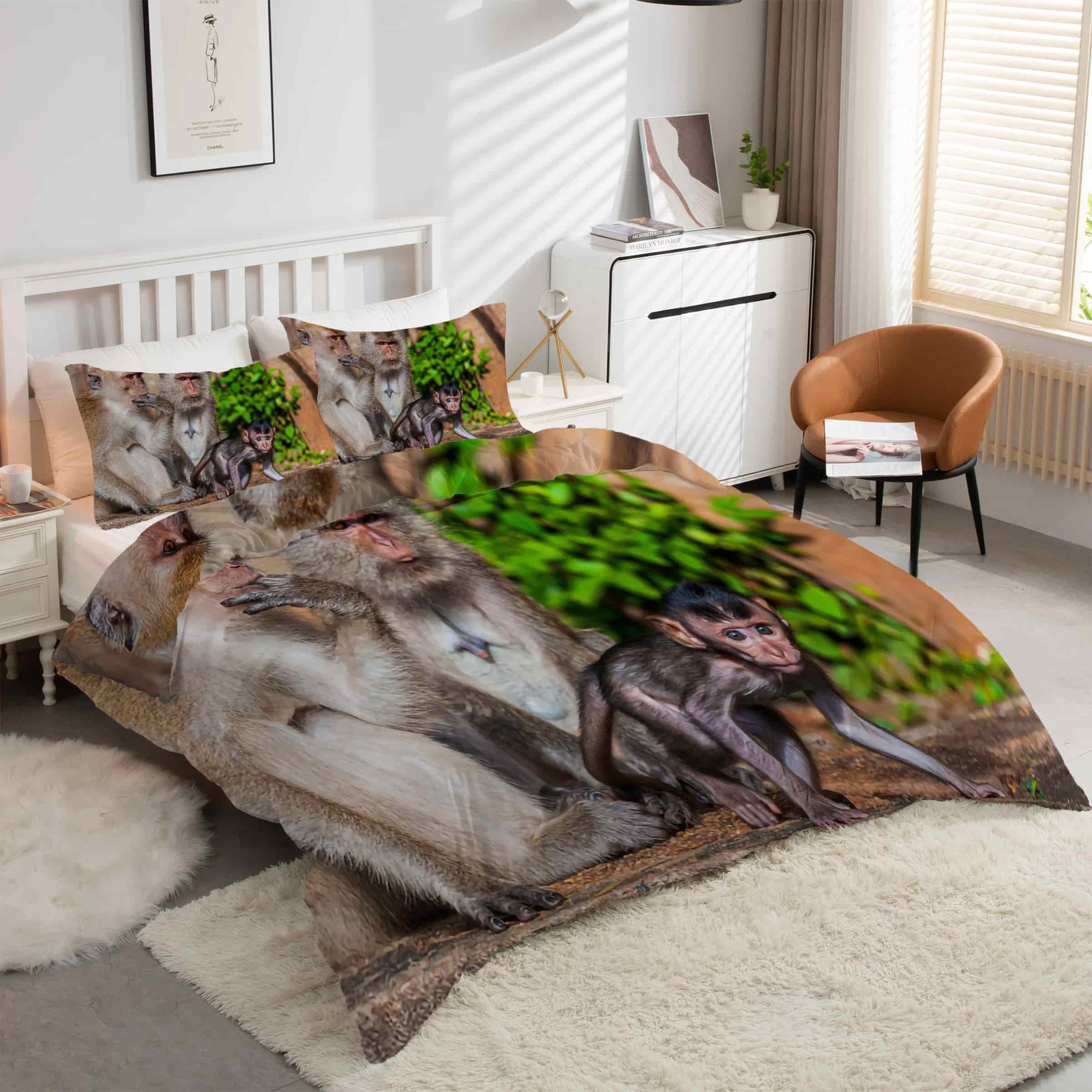 Housse de couette 160x200 animaux singes avec 2 taies d'oreiller microfibre