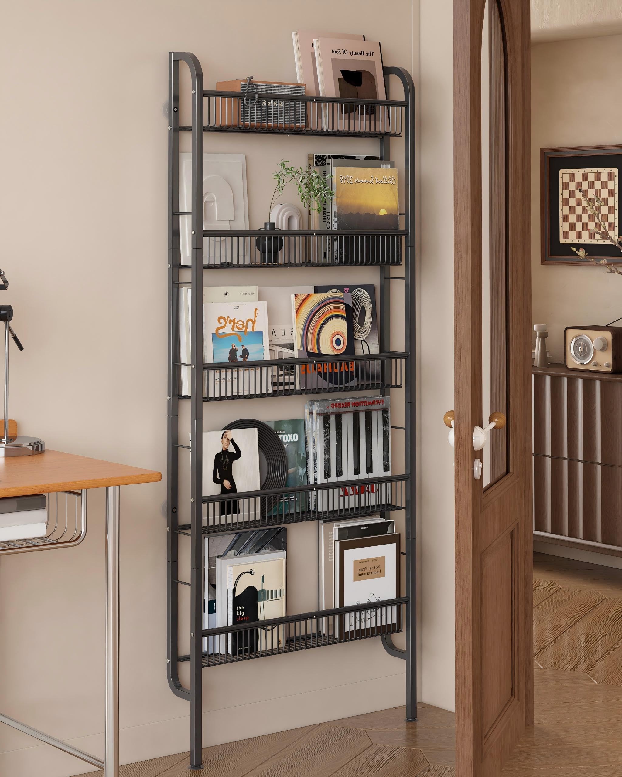 UMDONX Bücherregal gegen Wand, schmales 5 etagiges Metall Bücherregal, Leiterregal, multifunktional für Enge Räume, Schwarz（62 x 9 x 160 cm）