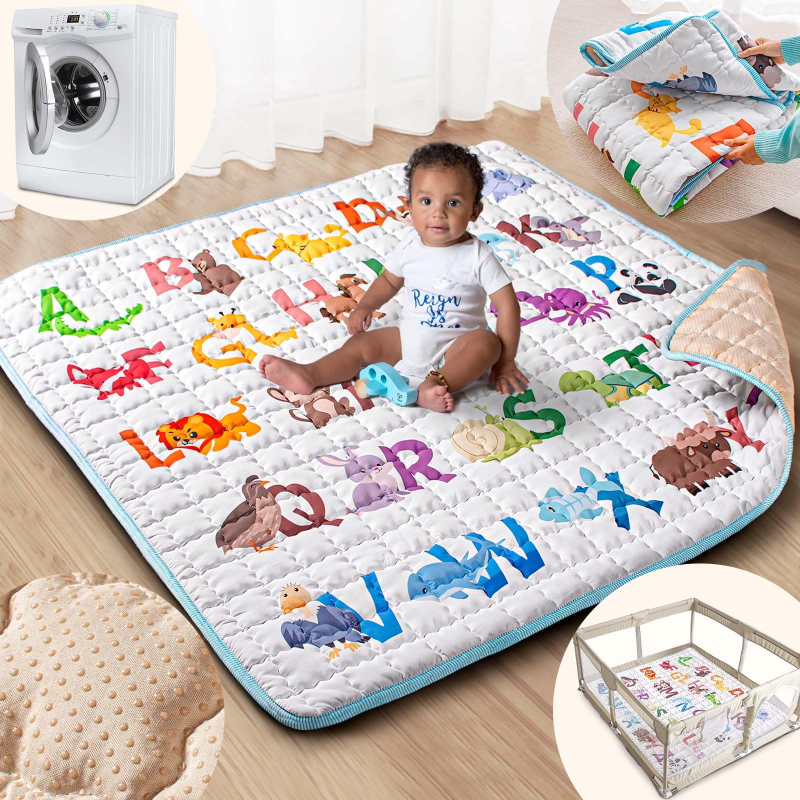 Beavtaens Baby Play Mat, 50x50 Playpen Mat with Super Soft Touch, Activity Mats with Upgraded Anti-Slip Bottom, Machine Washable Crawling Mats for Floor & Picnic (Animal Alphabets)