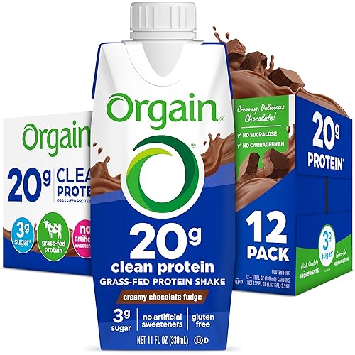 Orgain Clean Protein Shake, Grass Fed Dairy, Creamy Chocolate Fudge - 20g Whey High Protein, Kosher, Ready to Drink, Low Net Carbs, Gluten Free, No Soy Ingredients, 11 Fl Oz (Pack of 12)