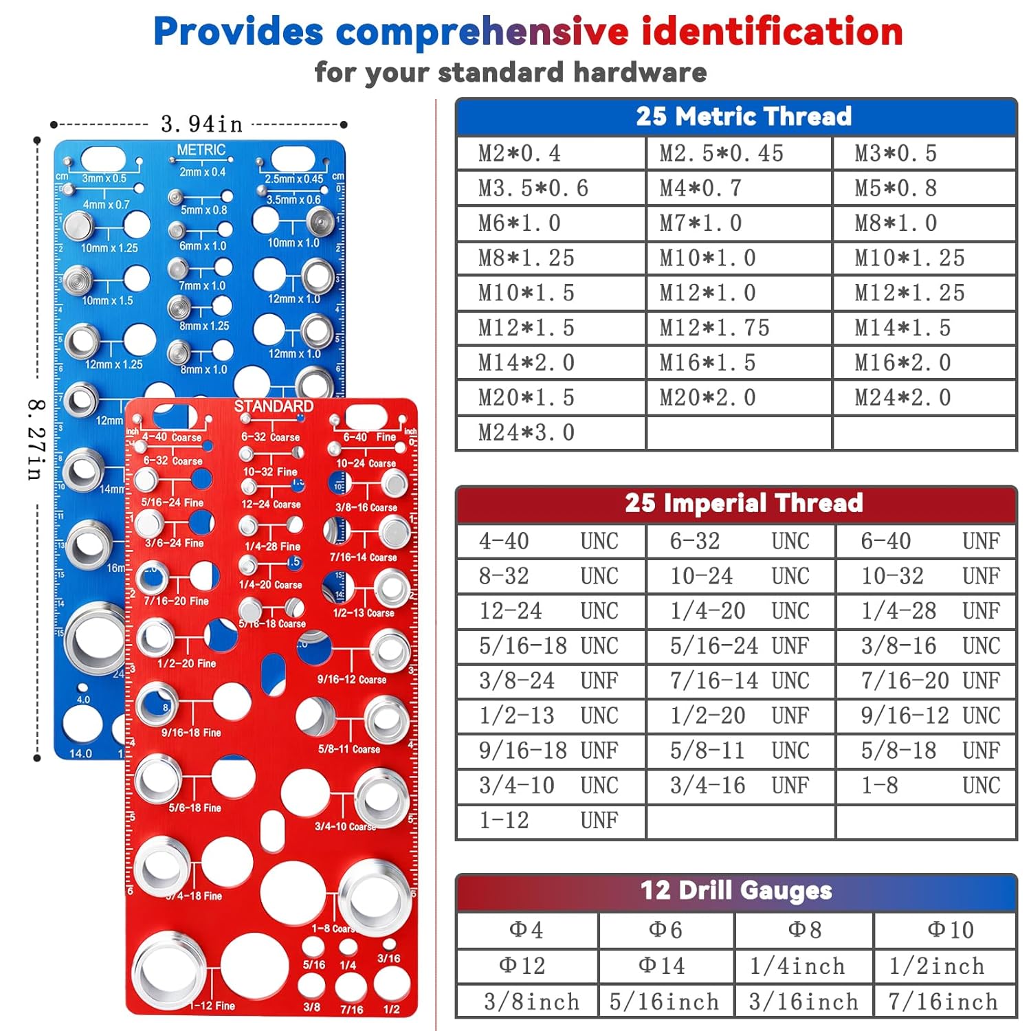62 Nut and Bolt Thread Checker Standard and Metric Rustproof Nut and Bolt Thread Gauge with 25 Standard & 25 Metric Bolt & 12 Drill Bit Gauge, Bolt and Nut Size Finder for Quick Measurement