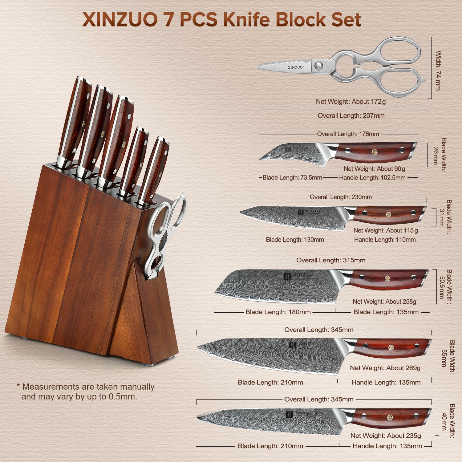 XINZUO Acciaio Damasco Set Coltelli da 7 Pezzi con Portacoltelli, Professionale Coltello da Chef Santoku Pane Universali Frutta, Forbici da Cucina Multifunzione, Manico Rosewood Ergonomico -Yi Serie