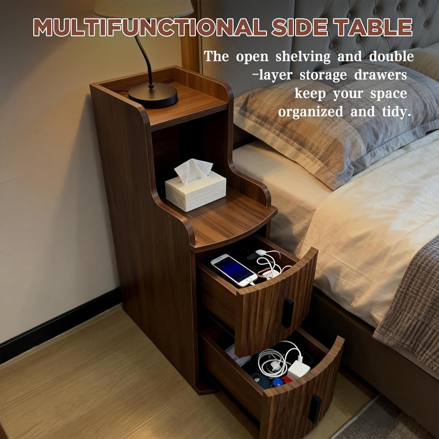Narrow Nightstand with 2 Storage Drawers for Bedroom Slim Bedside Table for Small Spaces Modern Night Stand with Raised Edge Open Storage Shelf for Sofa Entryway (1, Walnut)