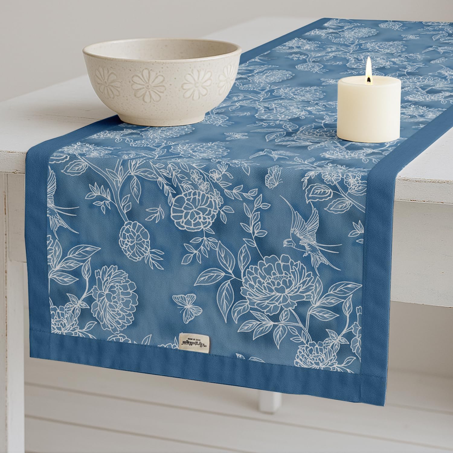 Decorative Table Runner - Double-Layered Cotton - 14 x 90 Inch with Elegant Border - Durable, Eco-Friendly - for Rustic, Boho & Modern Décor - Floral