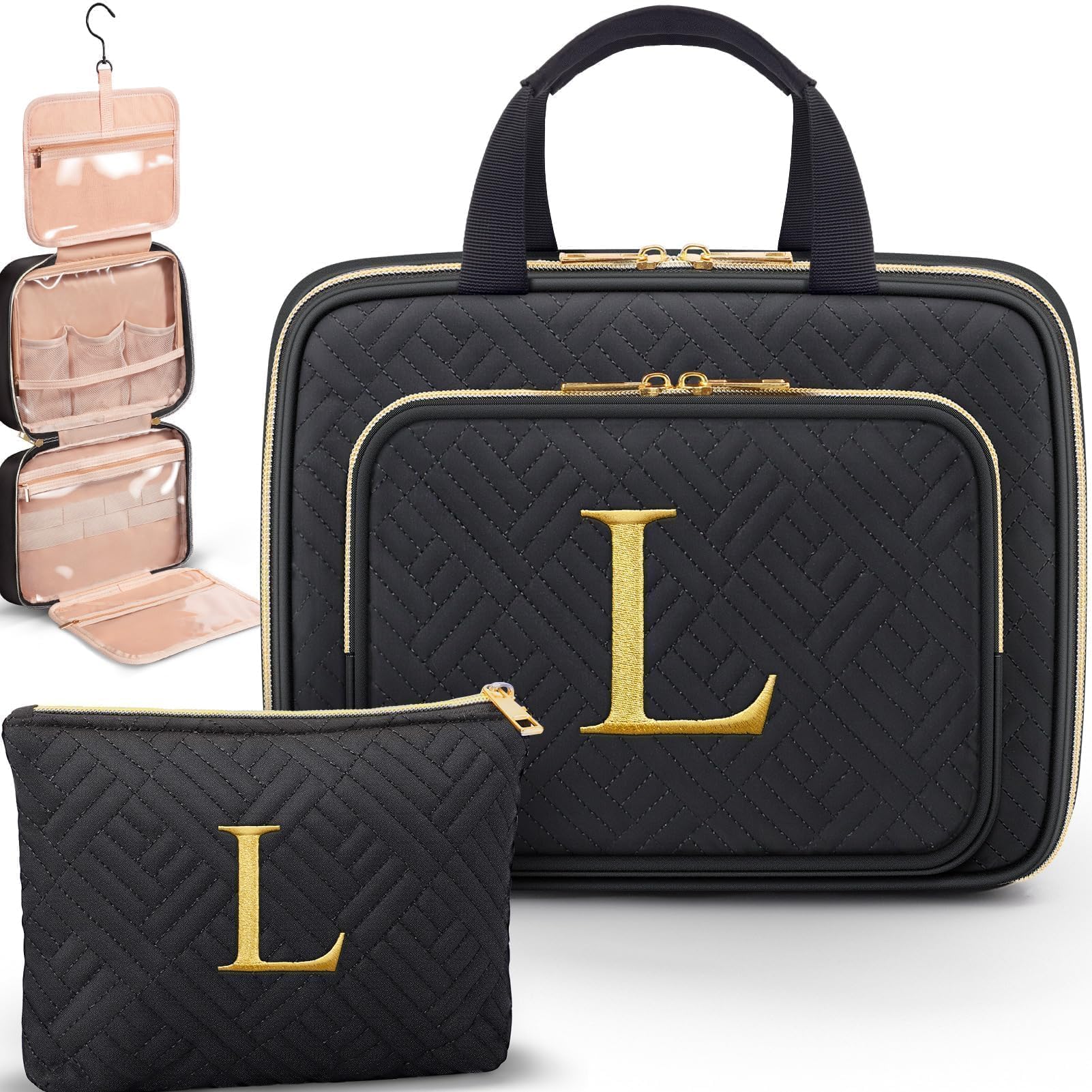 Gifts for Women, Initial Toiletry Makeup Bag Hanging Cosmetic Organizer with Embroidery Letter Personalized Nurse Teacher Appreciation Birthday