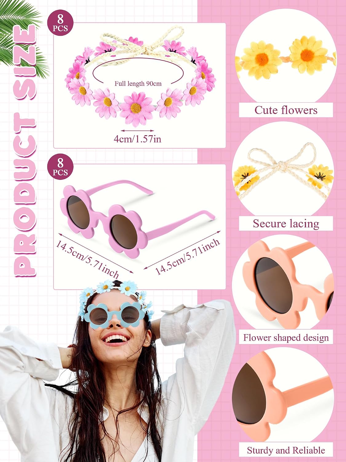 Kanayu 16 Pcs Flower Sunglasses and Headbands Set, Daisy Flower Crown Costume Set Colorful 60s 70s Party Gifts Party