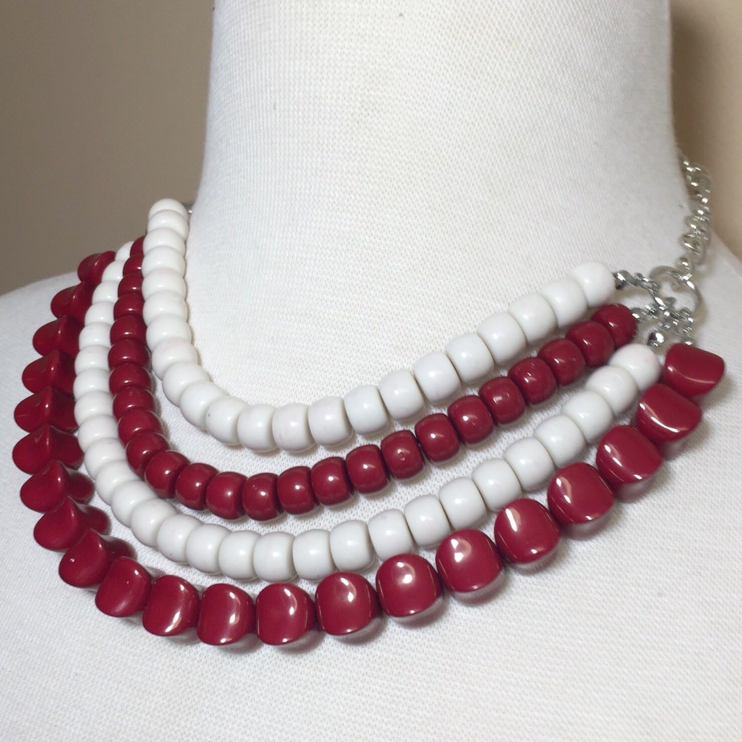 Gypsy Jewels 4 Row Layered Bib Beaded Statement Necklace & Earrings Set (Maroon Red & White)