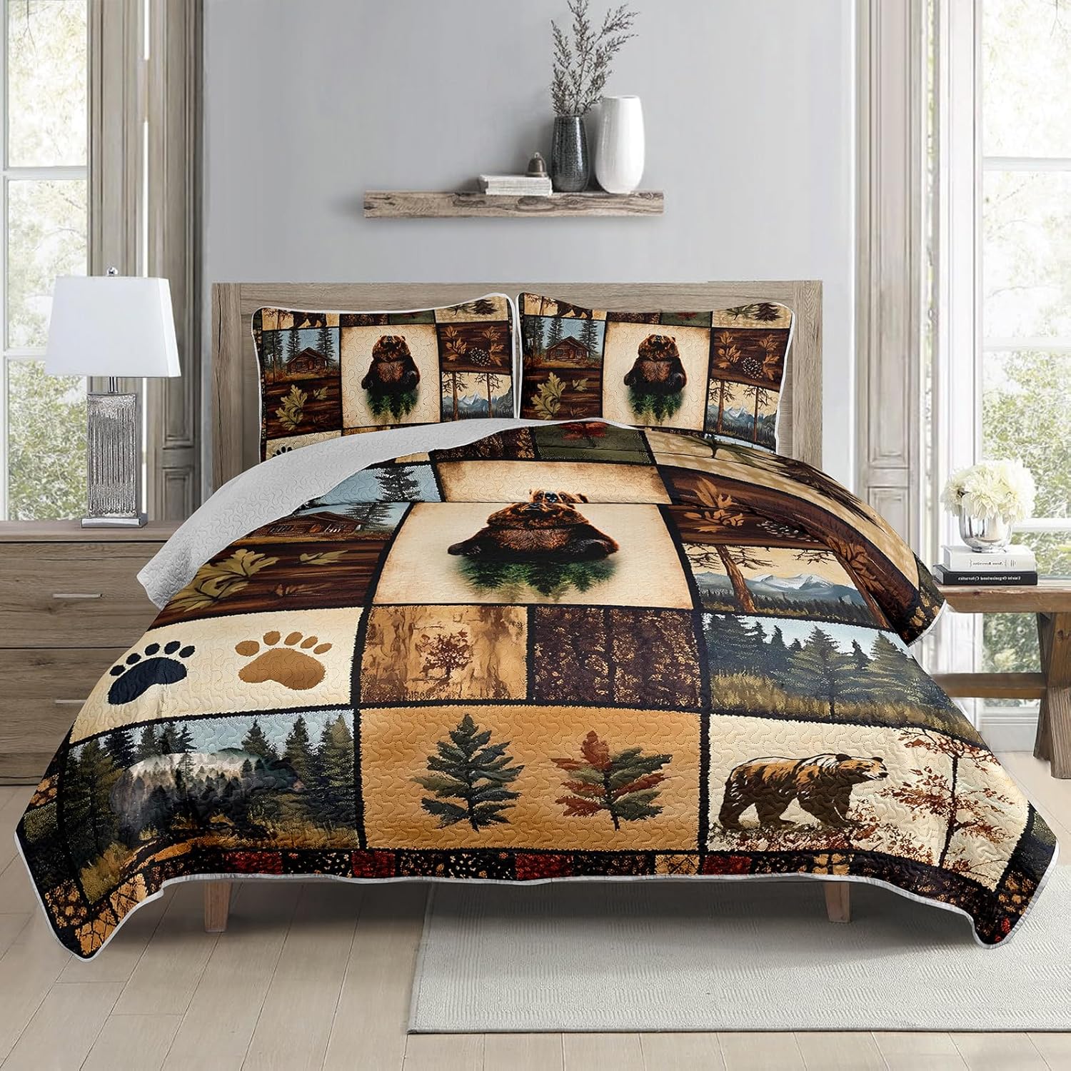 AILONEN Rustic Bear Quilt Set King Size, Wildlife Themed Hunting Quilted Bedspread Soft with 2 Pillowcases,3-Piece Brown Animal Woodland Quilt Bedding Set - Image 5